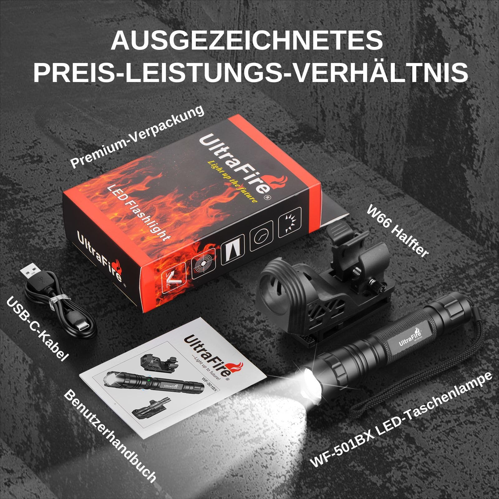 UltraFire Wiederaufladbare Taktische Taschenlampe mit Holster, 1000 Lumen 3 Modi Polizei Taschenlampe mit Gürtelholster, Safety Taschenlampen für Strafverfolgung, Camping, Outdoor, WF-501BX