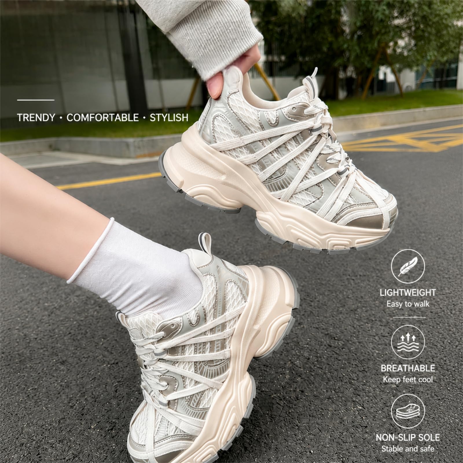 JCVBN Damskie trampki z ukrytą wysokością, zwiększające grubsze trampki dla taty z platformą 9 cm lub 11 cm, cholewka z siateczki z paskiem krzyżowym, podeszwa z pianki EVA do noszenia na co dzień