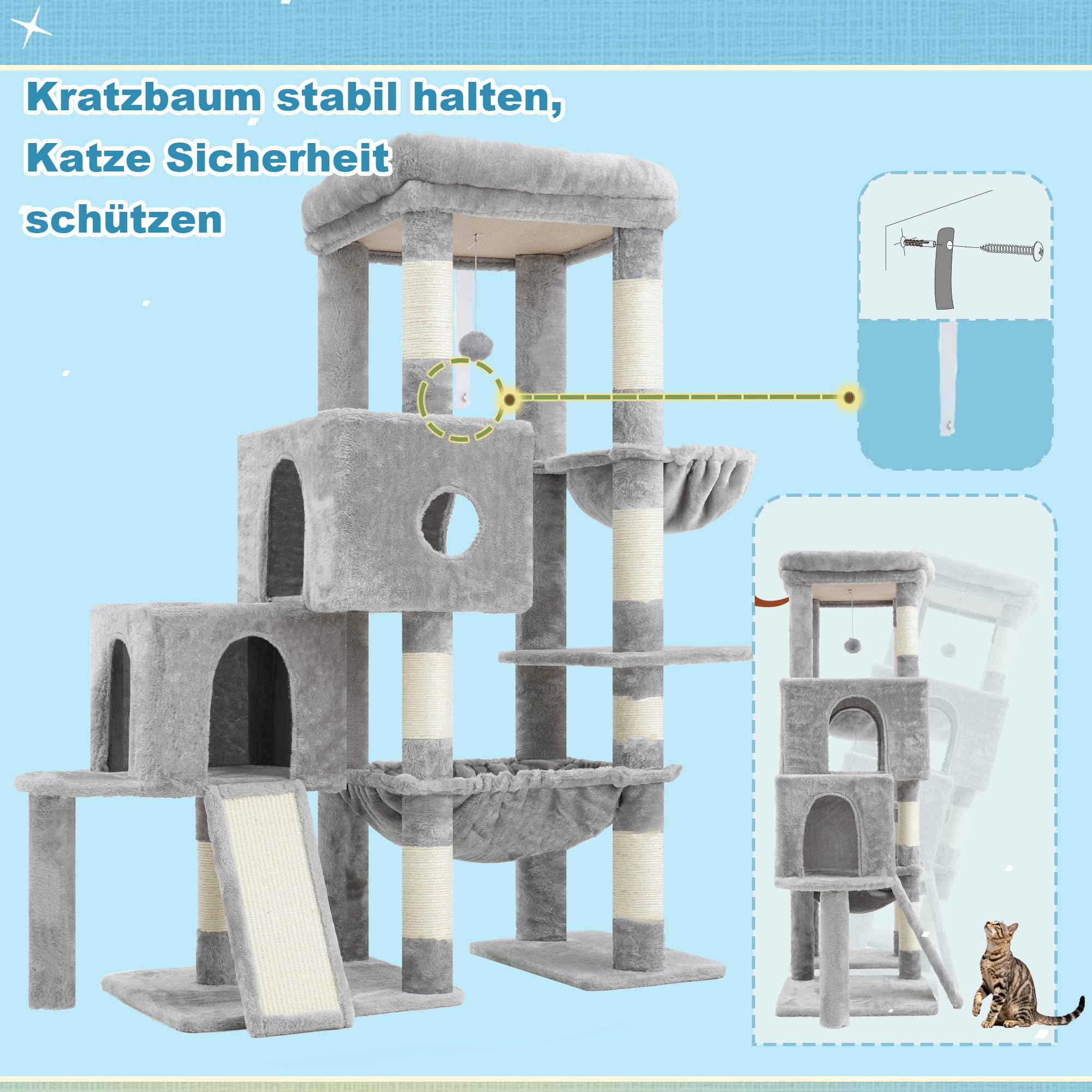 Hey-brother Kratzbaum, Katzenbaum mit Grosse Plattformen für Großkatze, 127 cm hoch, Treppenstruktur, Katzenkratzbaum mit 2 höhlen, geräumiger Hängematte, Sisalkratzbrett und Korb, Hellgrau MPJ071W