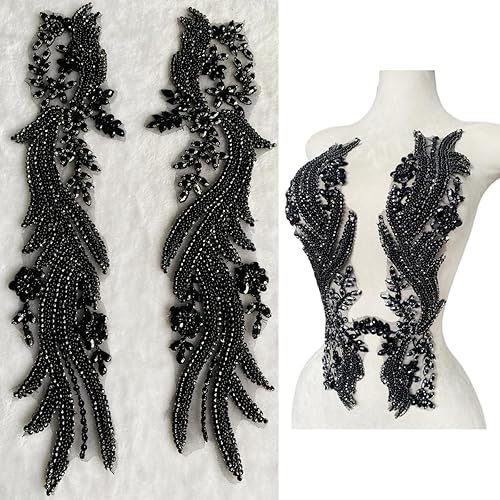 Miniatura 9 de Apliques de encaje hechos a mano con diamantes de imitación para coser en cuentas, parches para accesorios de ropa, 1 parbolsa, 5.5 x 20.4 pulgadas