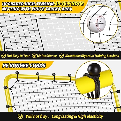 Miniatura 6 de Red de rebote de béisbol estable mejorada con 3 ángulos ajustables de 48 x 52 pulgadas, red de rebote de béisbol para entrenamiento de béisbol y