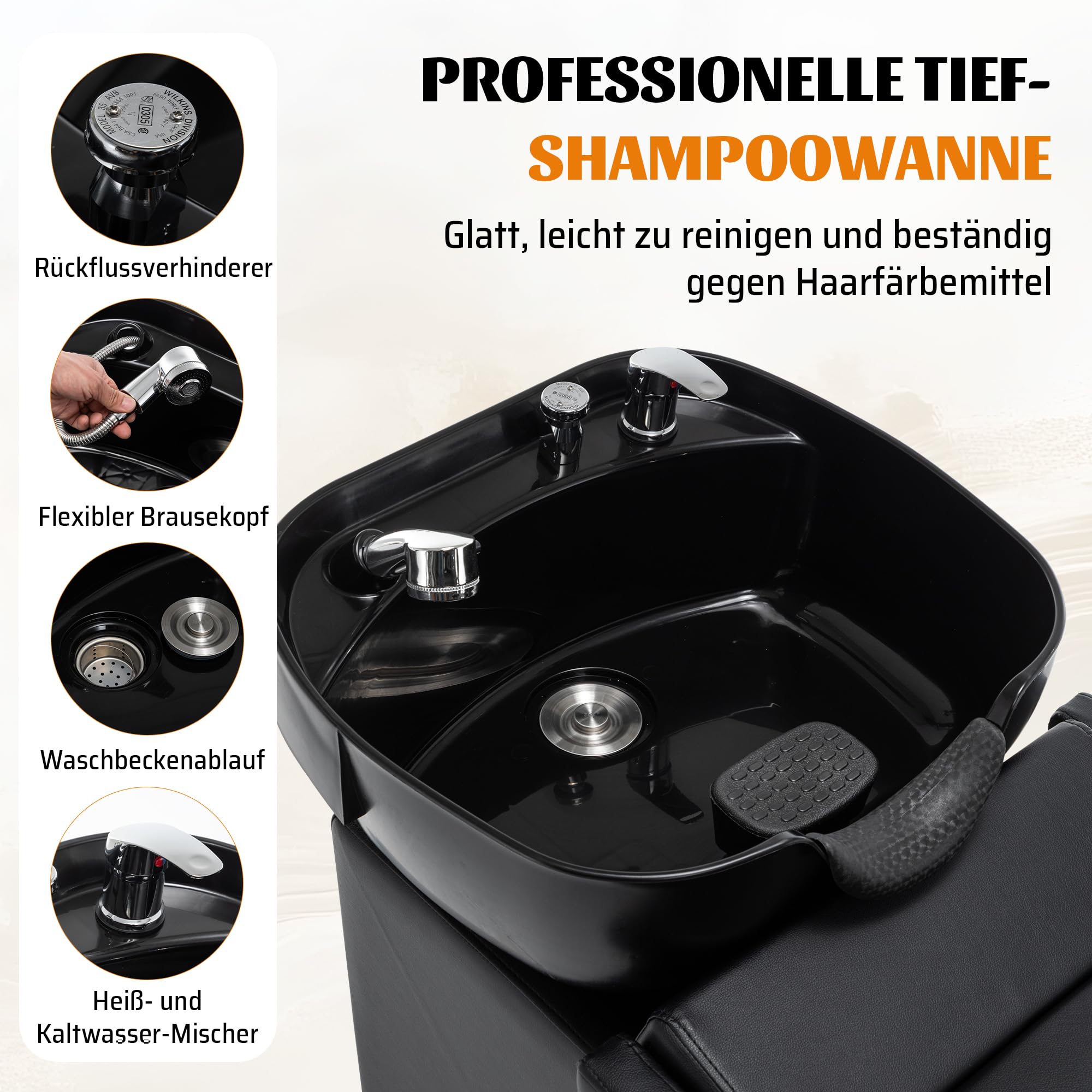 Professioneller Friseurwaschsessel mit Waschbecken, Beinstütze, Nackenstütze und Armlehnen, 136 kg Traglast, für Salon & Barbershop