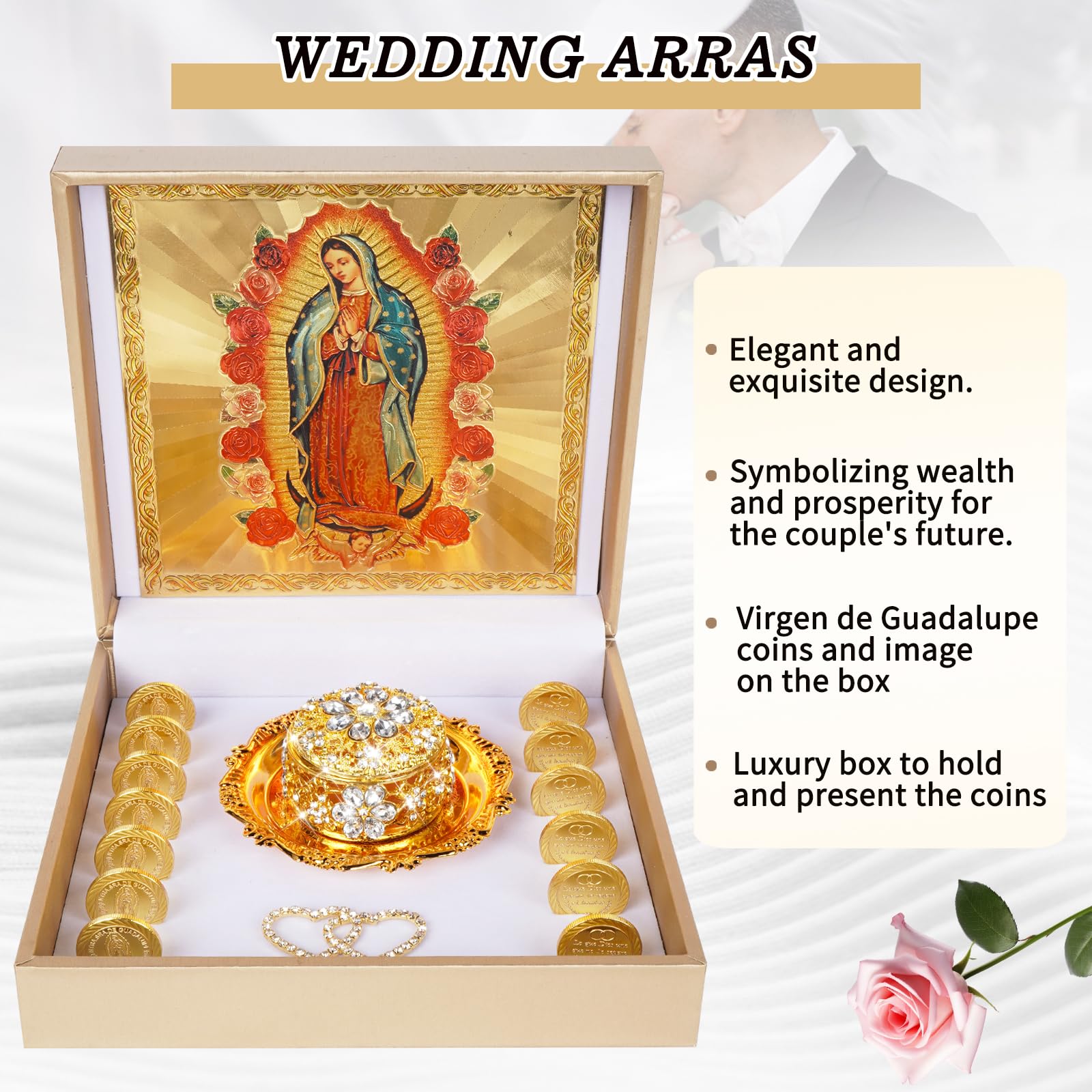 Arras Para Boda Catolica con scatola regalo Virgen De Guadalupe, Arras De Boda Cristiana, Arras De Boda Catolica, scatola per monete da matrimonio cattoliche Arras, set di monete per matrimonio