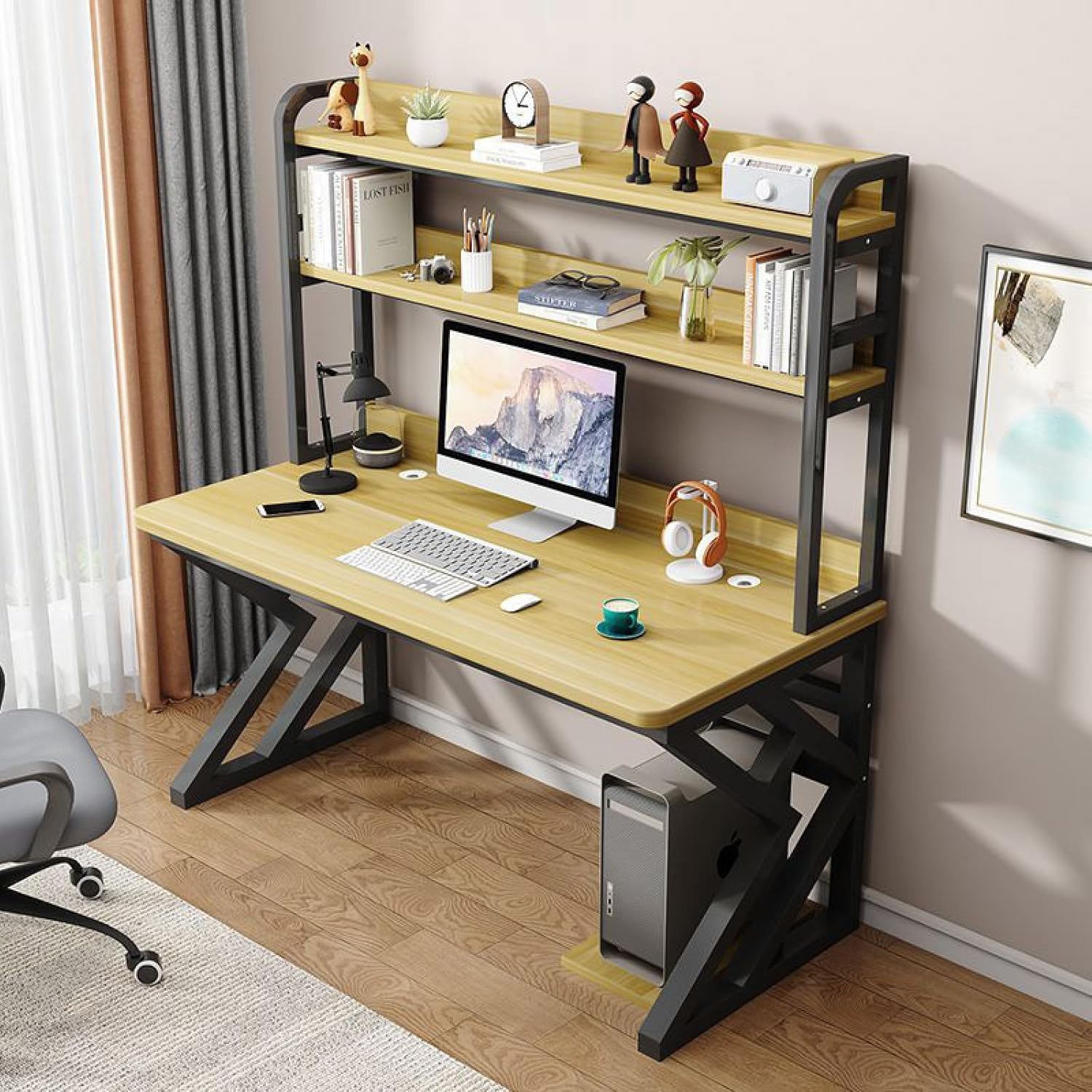 Wdsopk Natural Industrial Computer Desk With Sturdy Metal Frame, Modern Study And Writing Table For Students, Storage Shelves, 120X60 Cm Workspace Solution（-120X60x170cm）
