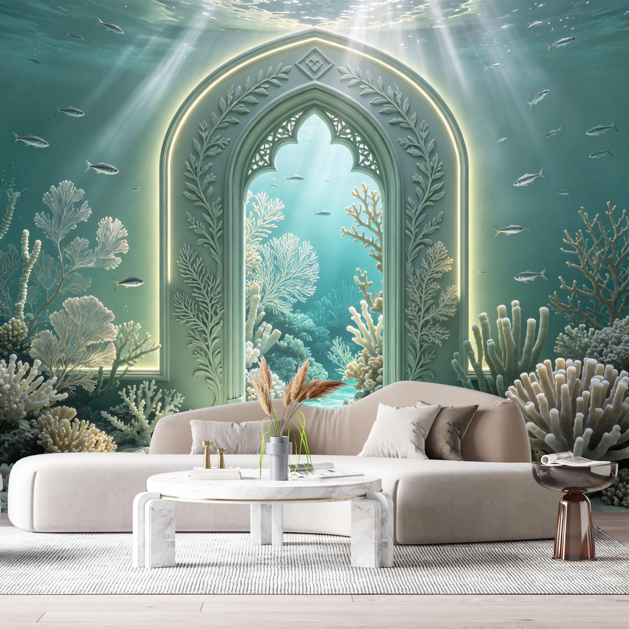 Custom Size Wall Murals Ocean/Marine Gothic Archway Underwater Temple 3D Trompe L'Oeil SelfAdhesiveWall Fabric Removable Wallpaper Wall Decor for Living Room Bedroom Bathroom