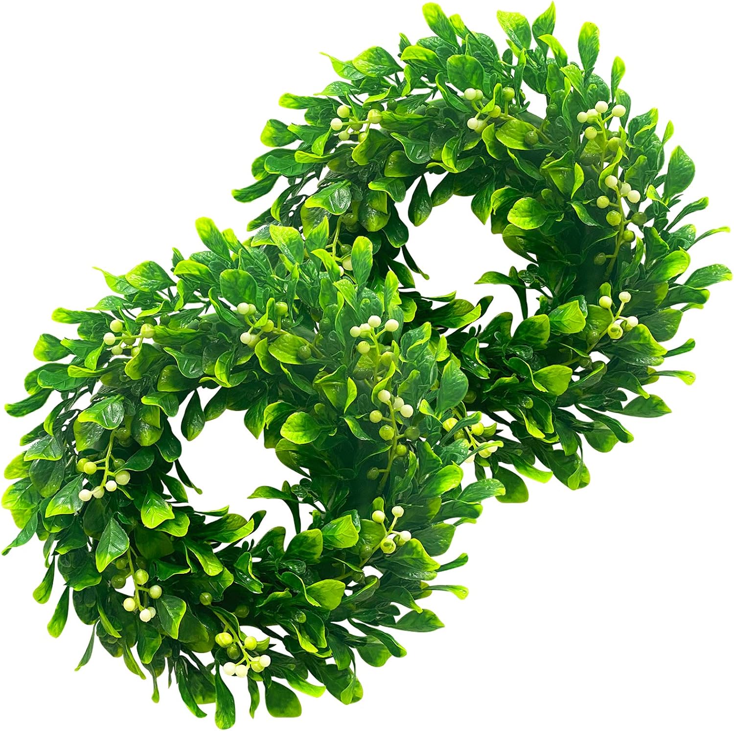 TURNMEON 2 Pack 11" Boxwood Wreath for Front Door Decor, Artificial Green Leaf Wreath with White Berries for Farmhouse Door Window Wall Porch Spring Summer Home Decorations