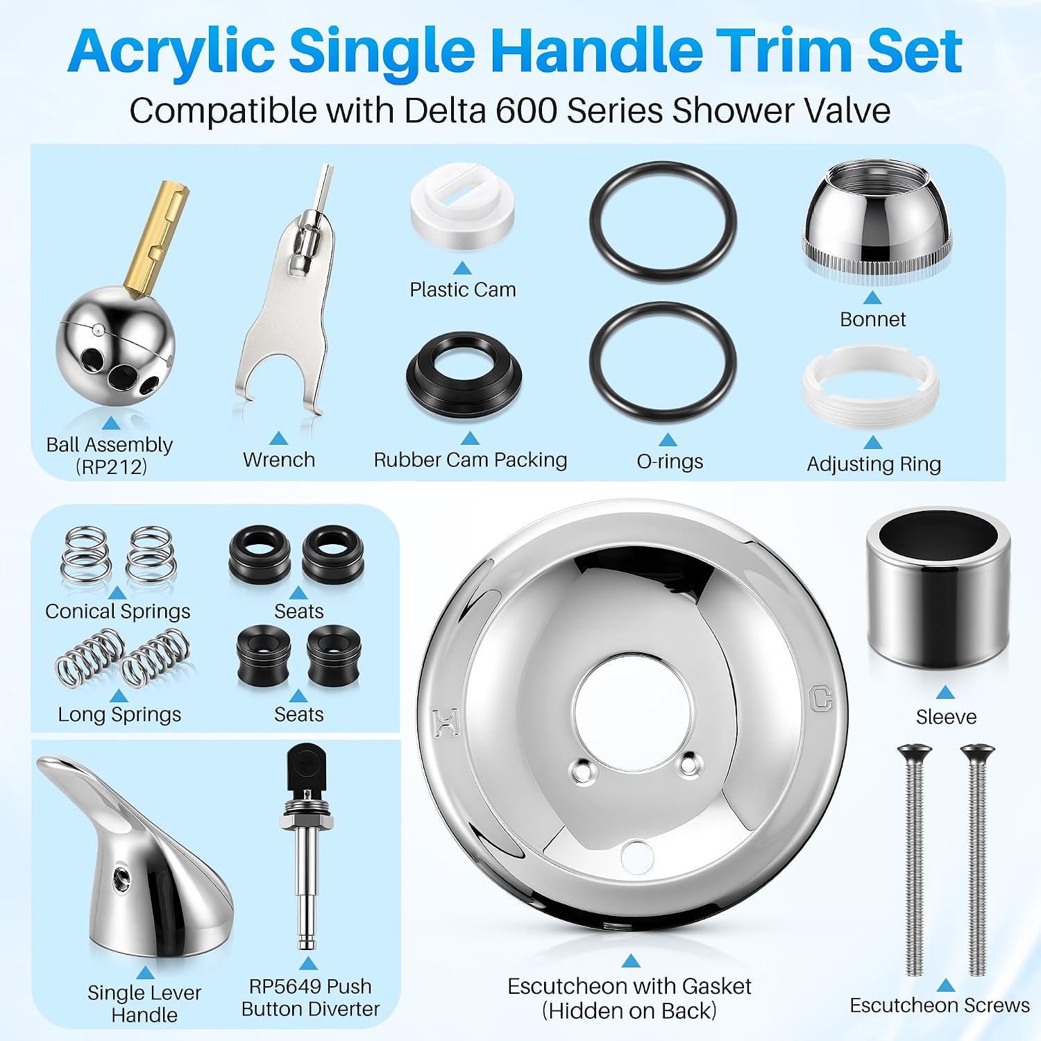 Valve Trim Repair Kit Compatible with Delta RP6046, Lever 2, Chrome | Single Handle Renovation Trim Kit Compatible with Delta 600 Series Shower Valve