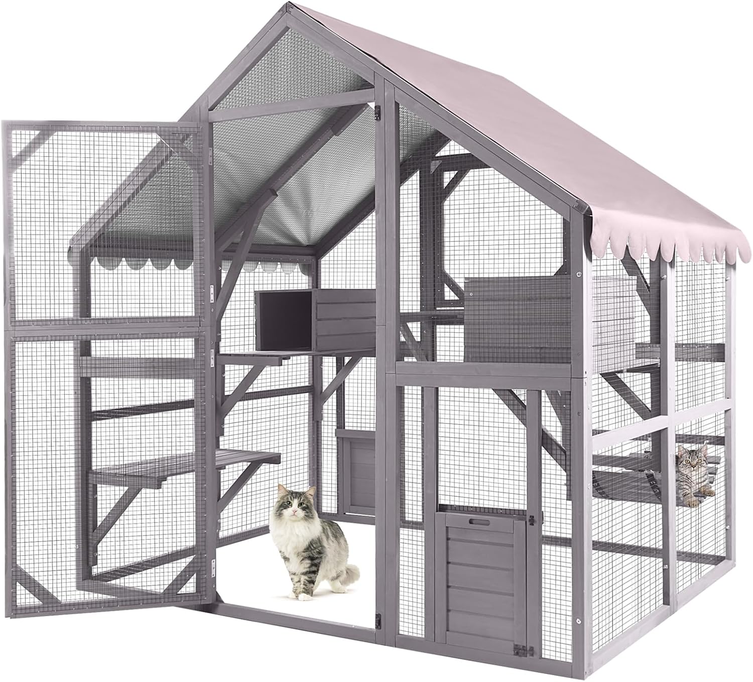 Catio Outdoor Cat Enclosure 55" Large Cat Houses for 5-6 Cats,Kitty House with Resting Box,Bridges,Walks,Waterproof Tarp Roof