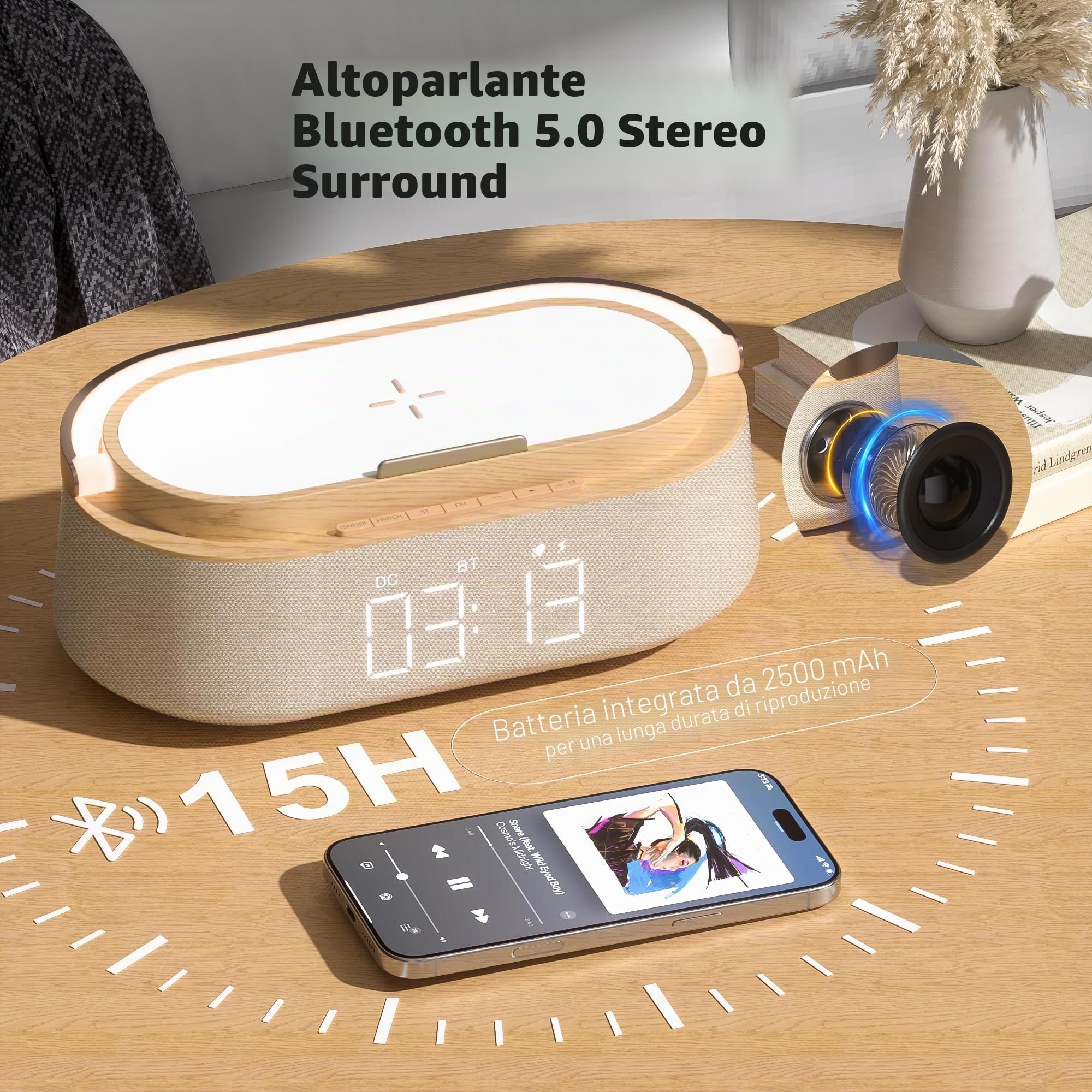 COLSUR Radiosveglia Digitale con Ricarica Wireless, Radio FM Sveglia con Allarme, Bluetooth Speaker, USB Luce Notturna, Display LED