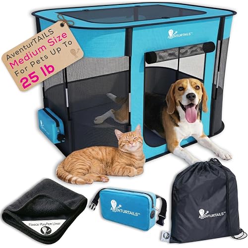 Portable Foldable Dog & Cat Playpen - Indoor Outdoor Travel - Medium Collapsible Pet Play Pen for Small Dogs, Puppies & Kittens - Lightweight Enclosure with Breathable Mesh, Fleece Liner & Carry Bag