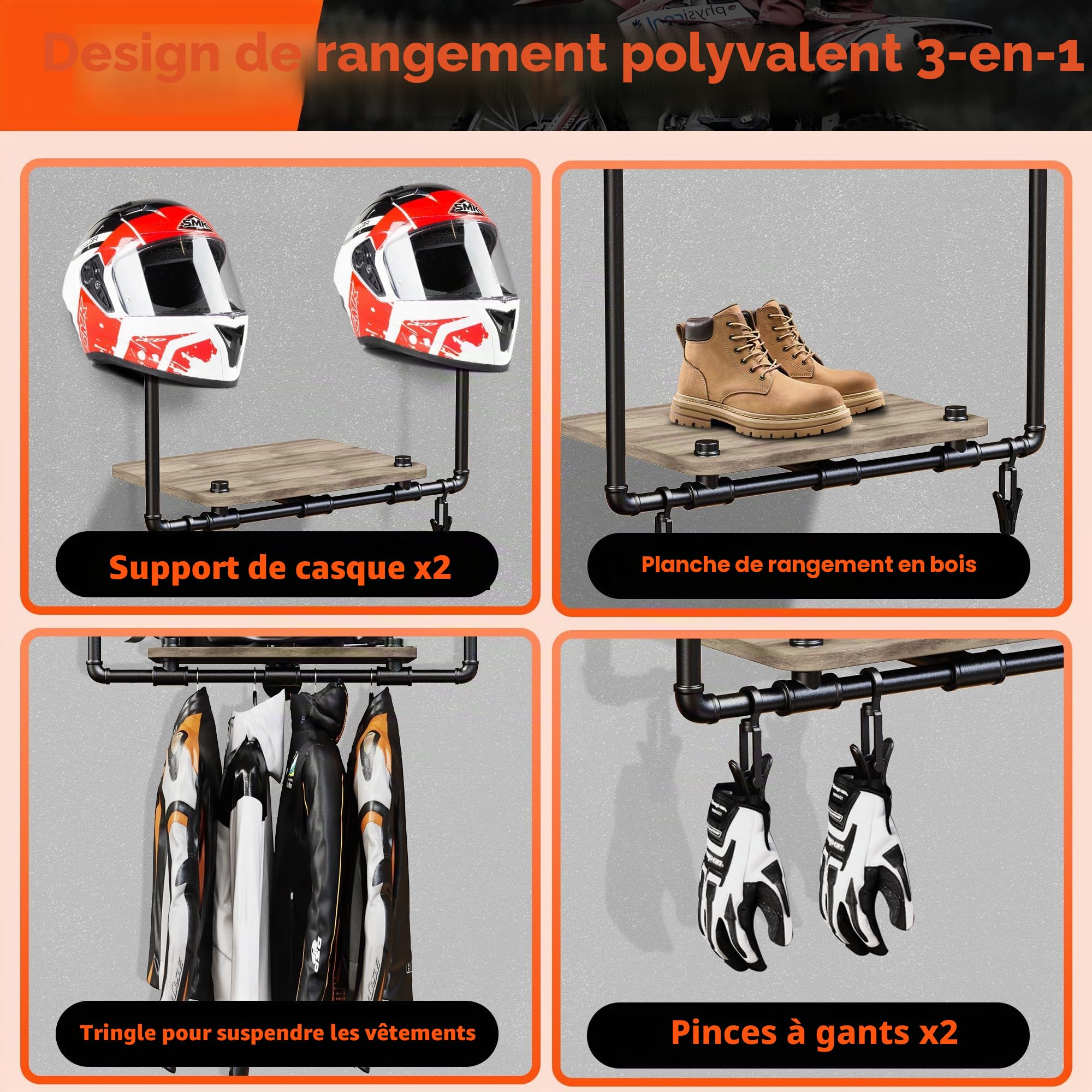 Support mural 3 en 1 pour casque de moto avec 2 clips pour gants, support de casque en bois massif et métal (marron)