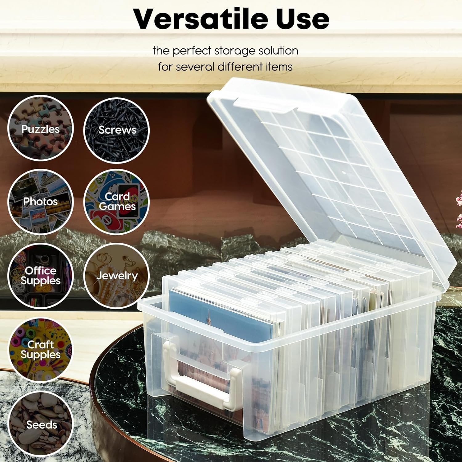 VITEVER Caja de almacenamiento de fotos con asa, 14 x 19 cm, caja de fotos, organizador de fotos, 10 soportes interiores para fotos, cajas de fotos, organizadores de plástico para semillas, tarjetas,