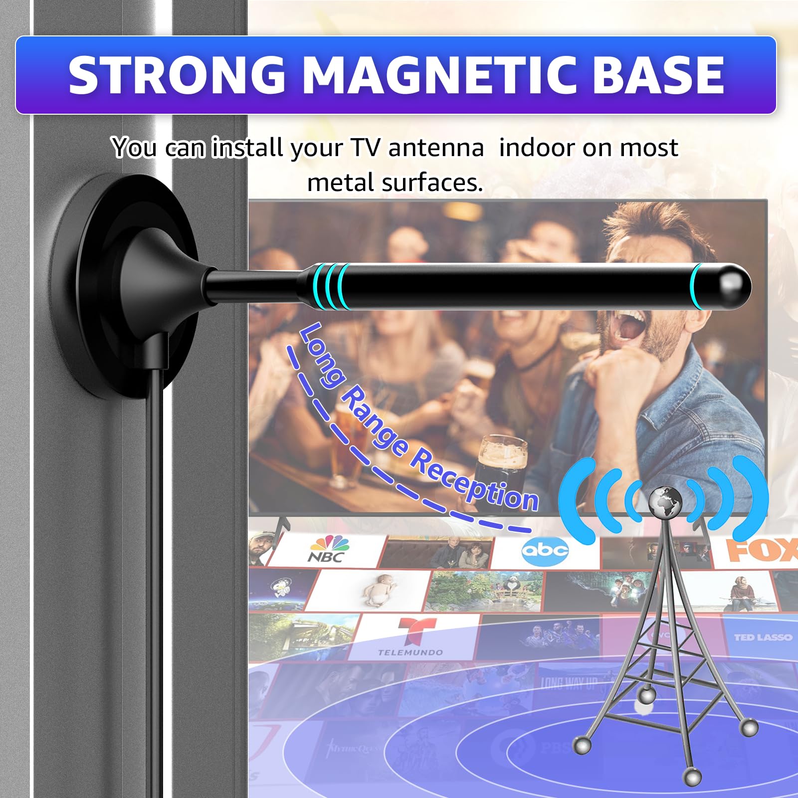 Antenne TV intérieure avec base magnétique, antenne TV pour Smart TV, antenne TV numérique intérieure compatible avec tous les téléviseurs, réception à 360°, prend en charge 4K 1080p HD, câble coaxial