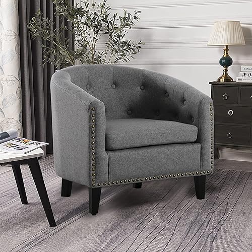Miniatura 29 de Goujxcy Sillón de barril estilo club para sala de estar, acogedora y moderna silla de microfibra con cabeza de clavos y patas de madera maciza para