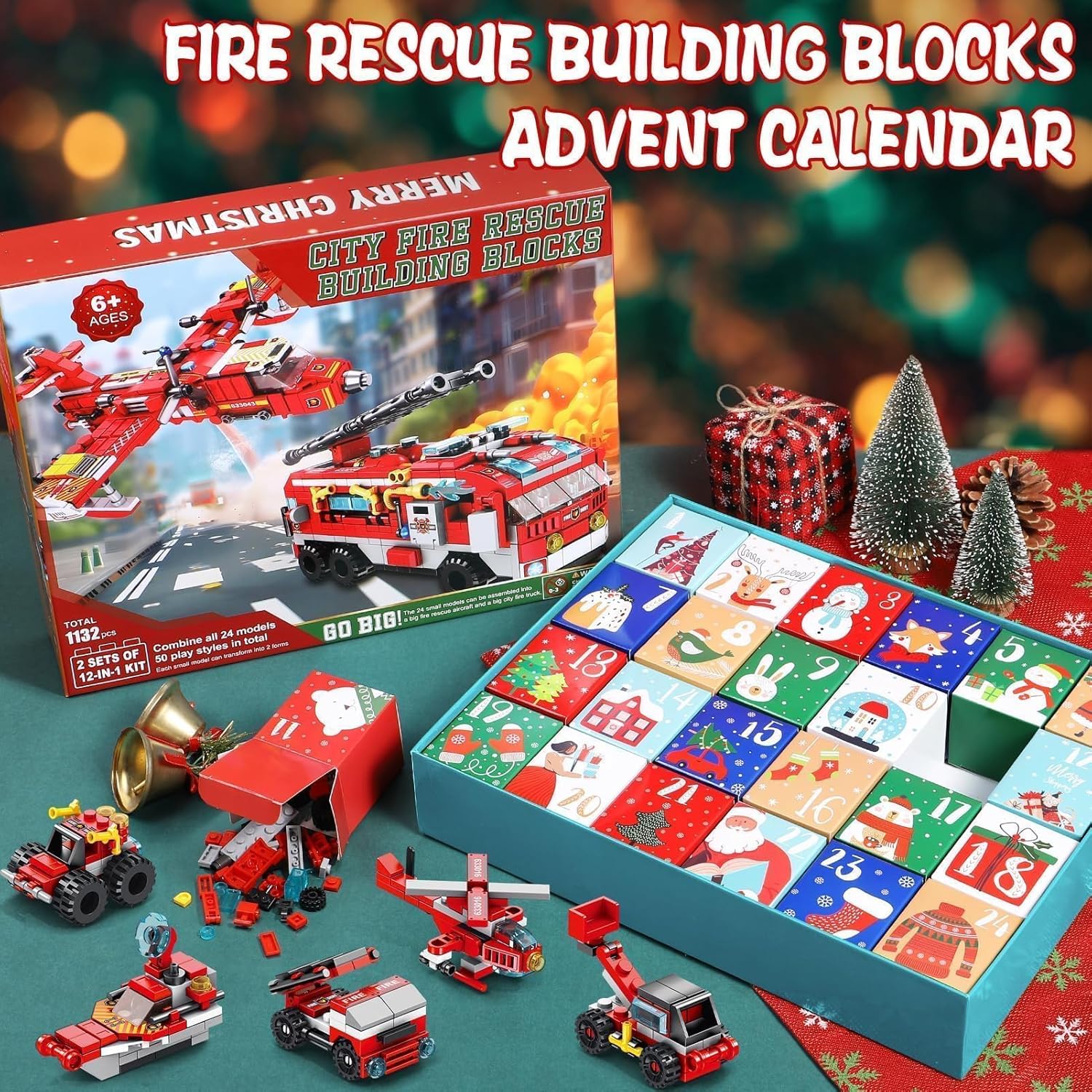 Christmas Gifts for Kids Boys Advent Calendar 2024, 24 Days STEM City Fire Rescue Truck Plane Building Blocks Countdown Calendar, 25-In-1 Fire Vehicle Bricks Kit for Boys Girls Kid Teen Age 6+
