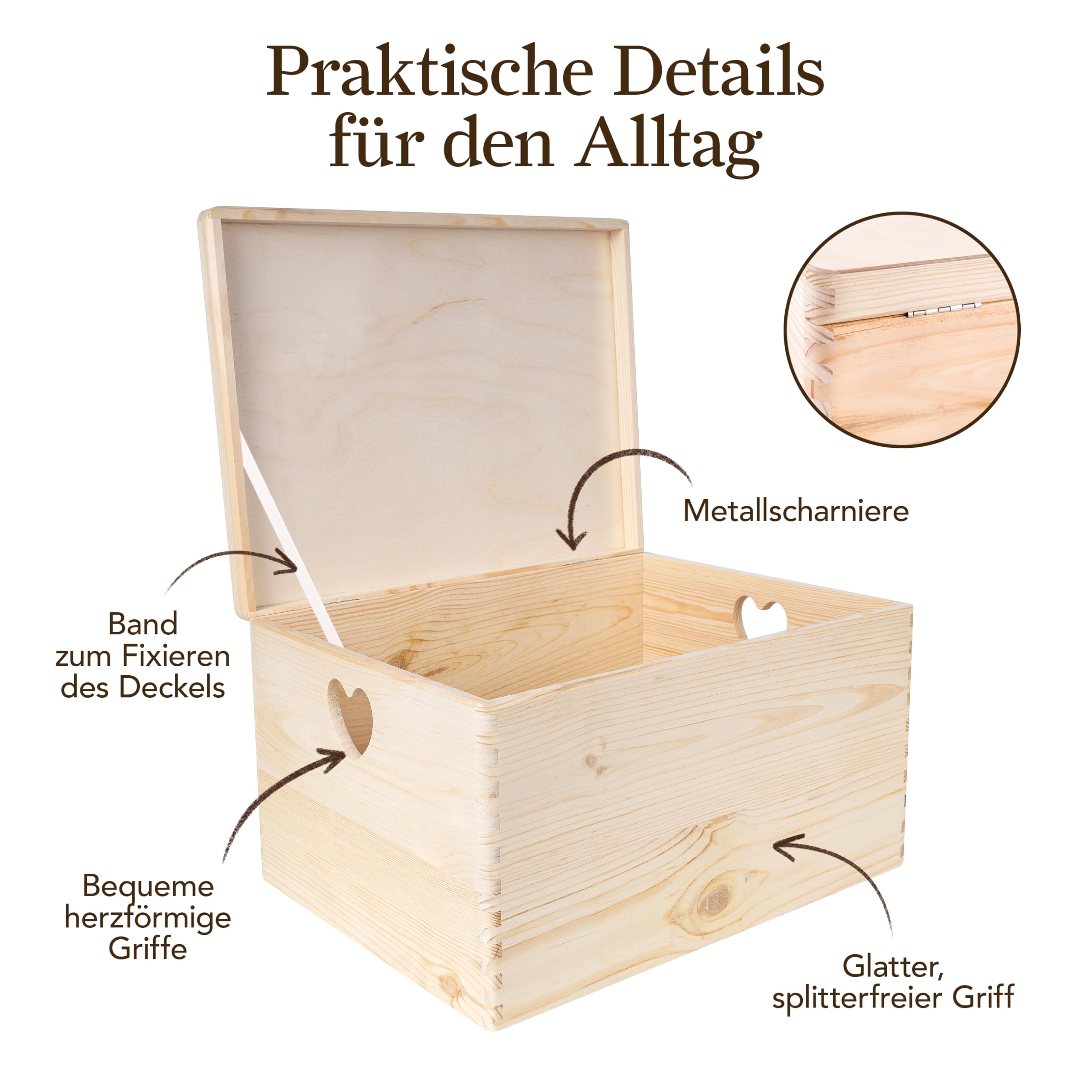 Creative Deco Holzkiste mit Deckel | 40x30x24 cm (+/-1cm) | Erinnerungsbox Baby Groß Holzbox Unlackiert Kasten | Herzförmigen Griffen | Für Dokumente Ostern Spielzeuge Werkzeuge ROH UNGESCHLIFFEN