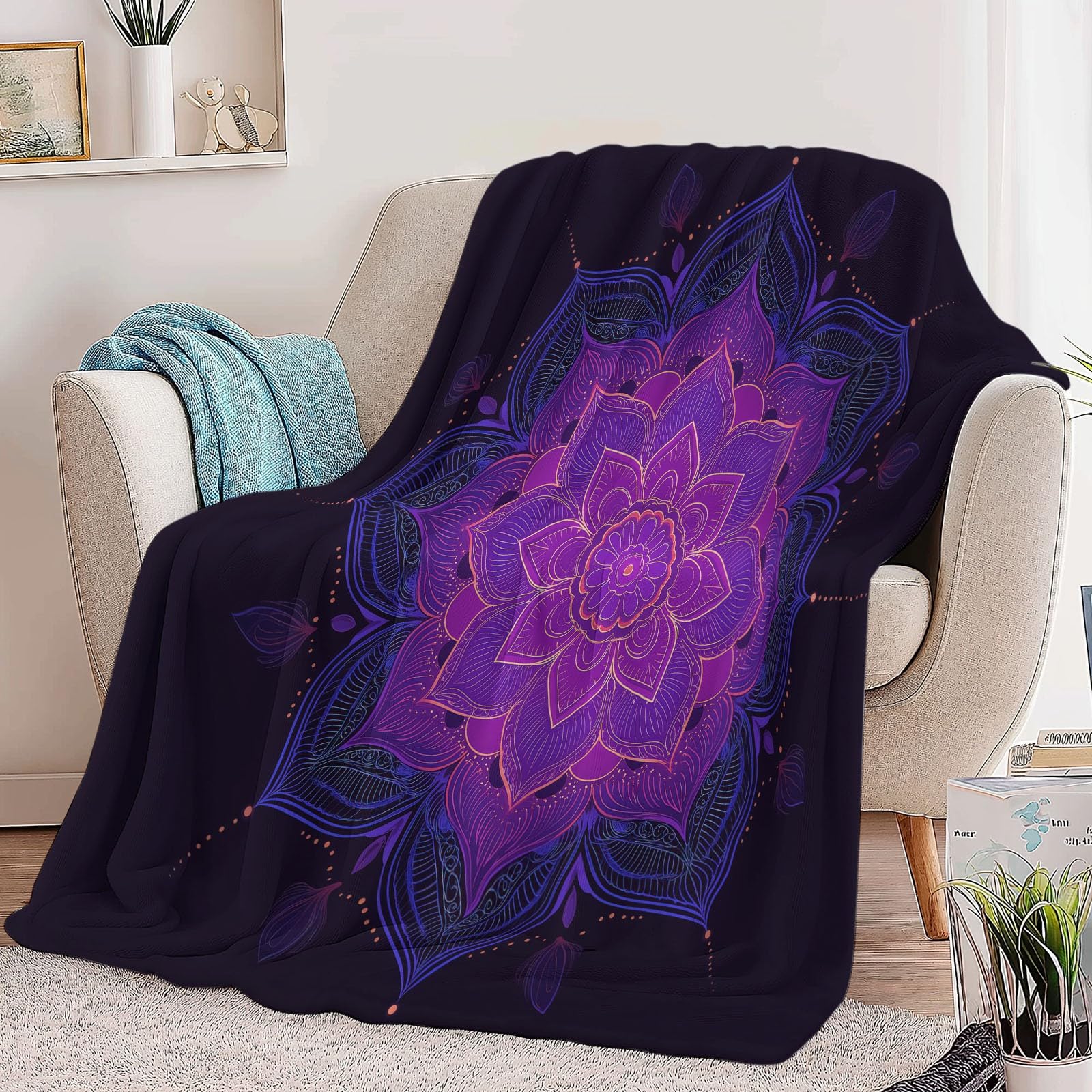 Miękki wełniany koc na łóżko sofa 150 x 200 cm mandala geometryczny koc szerpa, na jesień i zimę - ciemny flanelowy koc na wszystkie pory roku