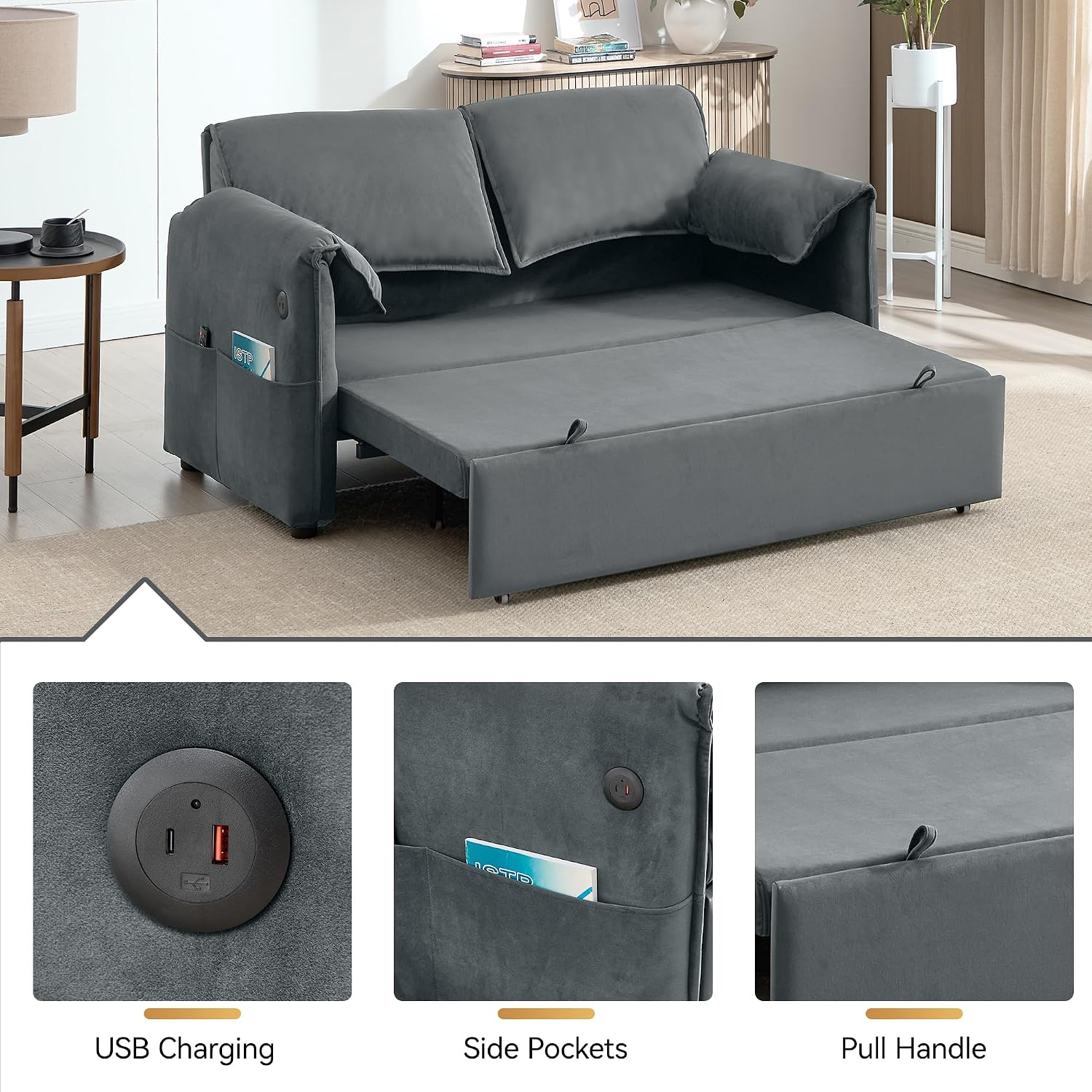 63" Velvet Pull Out Sofa Bed Convertible Futon Loveseat Queen Sleeper Sofa Couch Bed with USB Ports & Side Pockets Modern Sofas for Living Room Light Grey