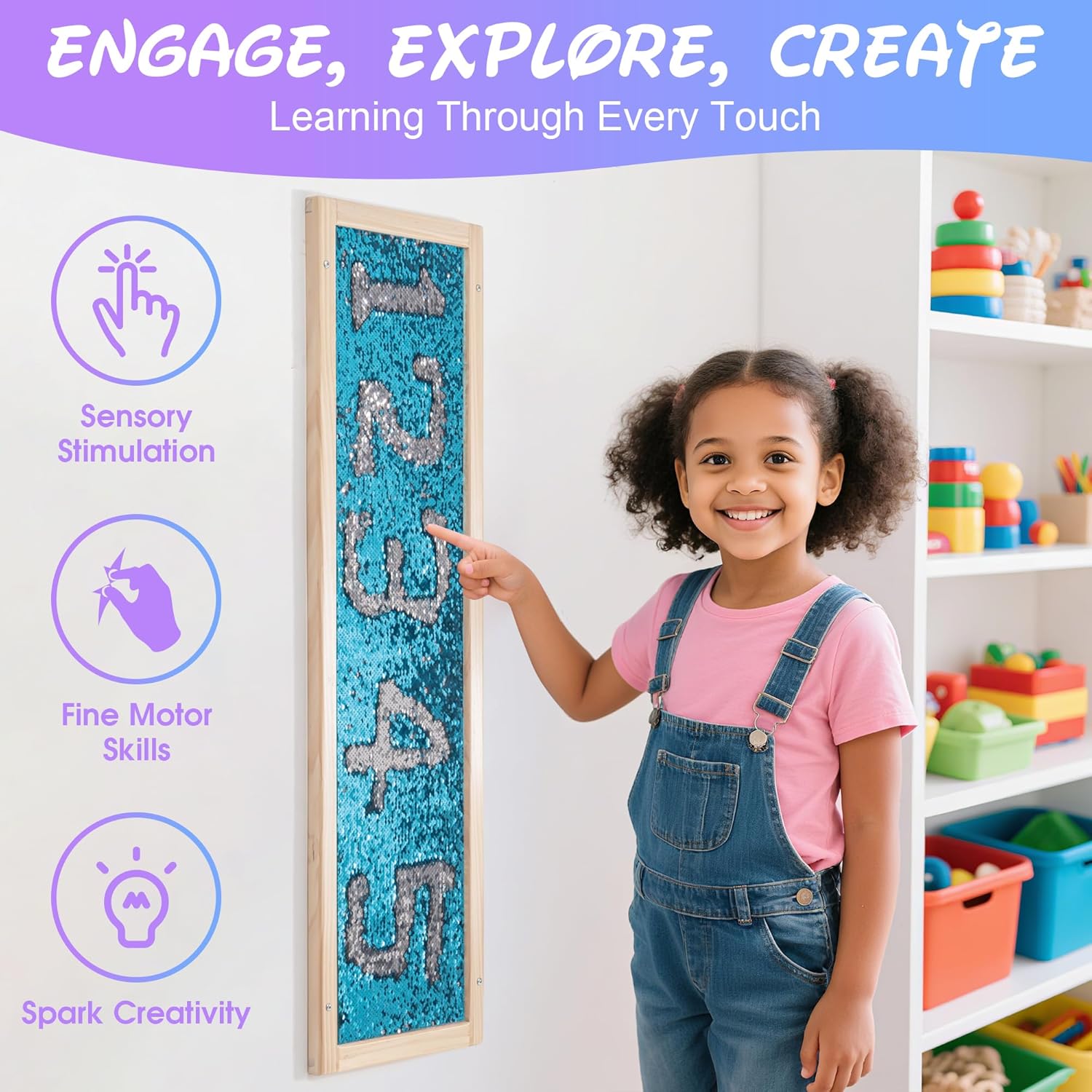 Sequin Sensory Wall Frame-39"x12" Flip Sequin Fabric Sensory Panel for Kids - Reversible Wall-Mounted Sequin Board with Multiple Color Options for Sensory Room, Therapy & Home (Sky Blue + Silver)