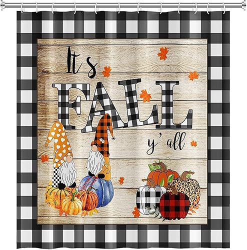 Vista 76 de Yeele Cortinas de ducha de otoño de Acción de Gracias, bonita cortina de ducha de gnomo y calabaza para baño, borde de rejilla blanca y negra