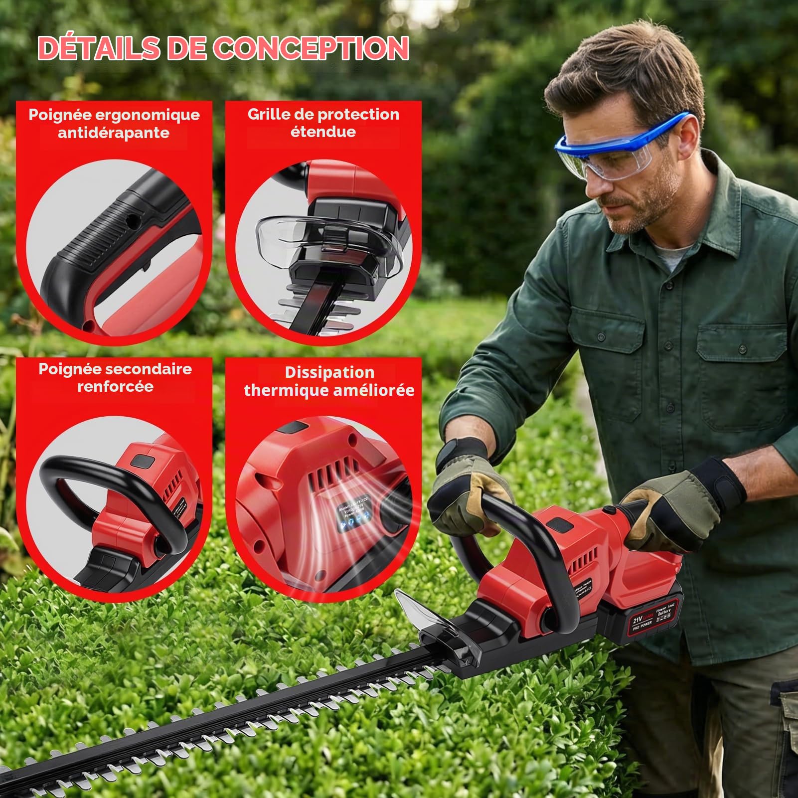 Taille Haie sans Fil 21 V avec Batterie 3000 mAh et Chargeur, Longueur de Coupe 56 cm, Écartement des Dents 18 mm, Lame Sk5 Double Tranchant, Taille-Haie Électrique pour Haies, Arbustes et Jardins