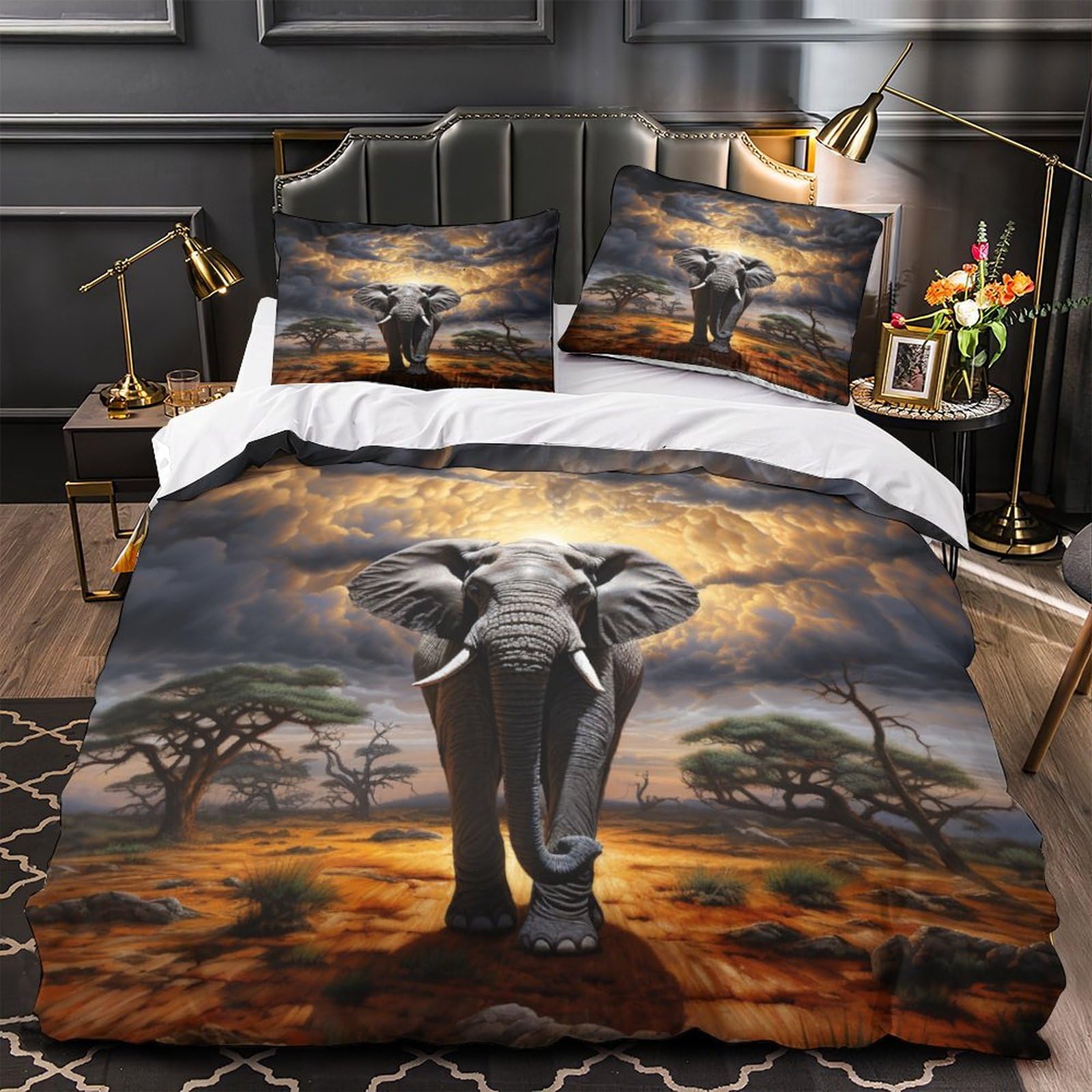 Elefanti africani Microfibra Copripiumino Lenzuola Letto Motivo Per Bambini Adulto Set Biancheria,Matrimoniale Con 3 Pezzi Copripiumino,Anti-acaro Facile Da Curare re（220x240cm）