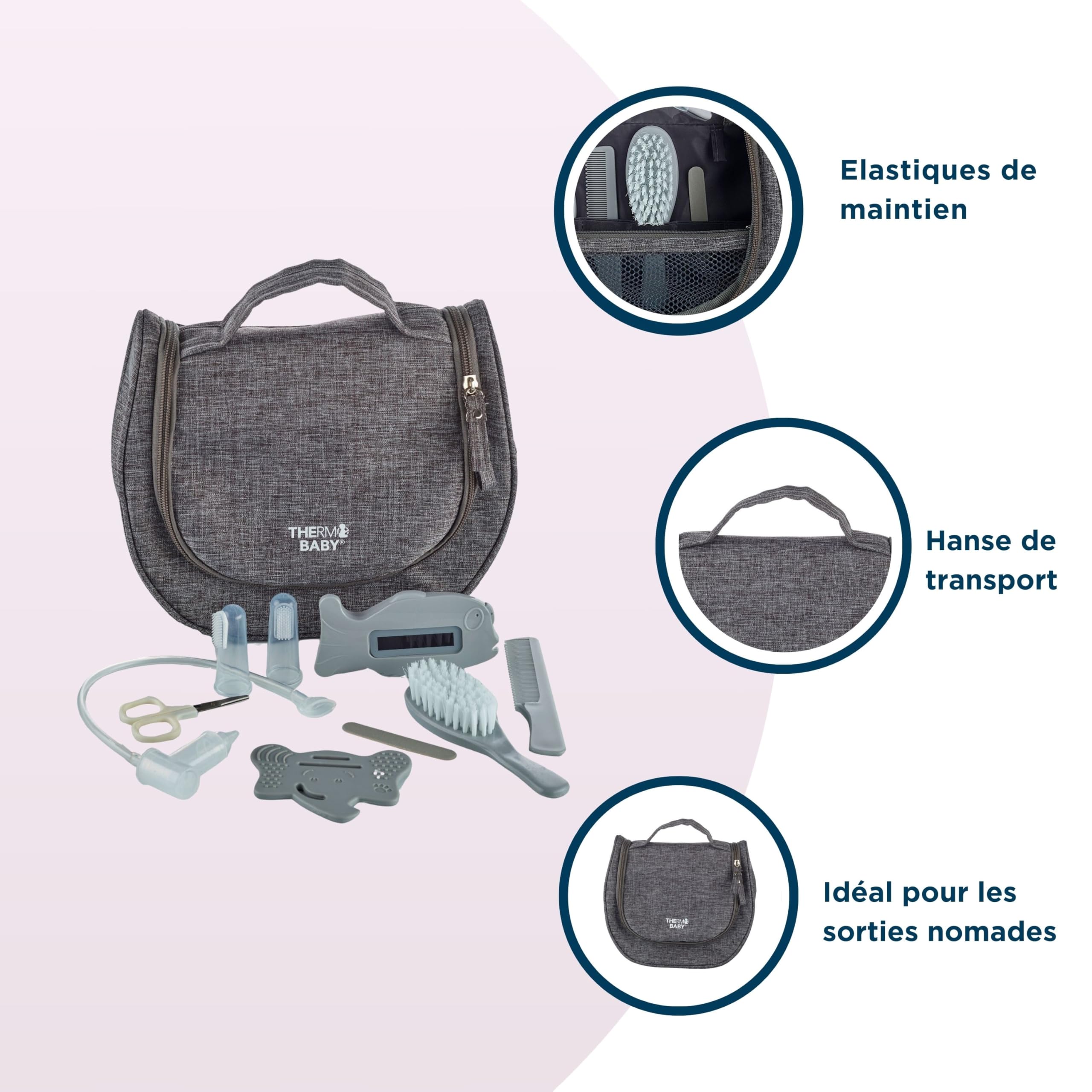 THERMOBABY Pflegeset mit 9 Zubehörteilen – Thermometer – Bürste – Kamm – Schere – Feile – Beißring – Fliege Baby – Fingerbürste – ab der Geburt