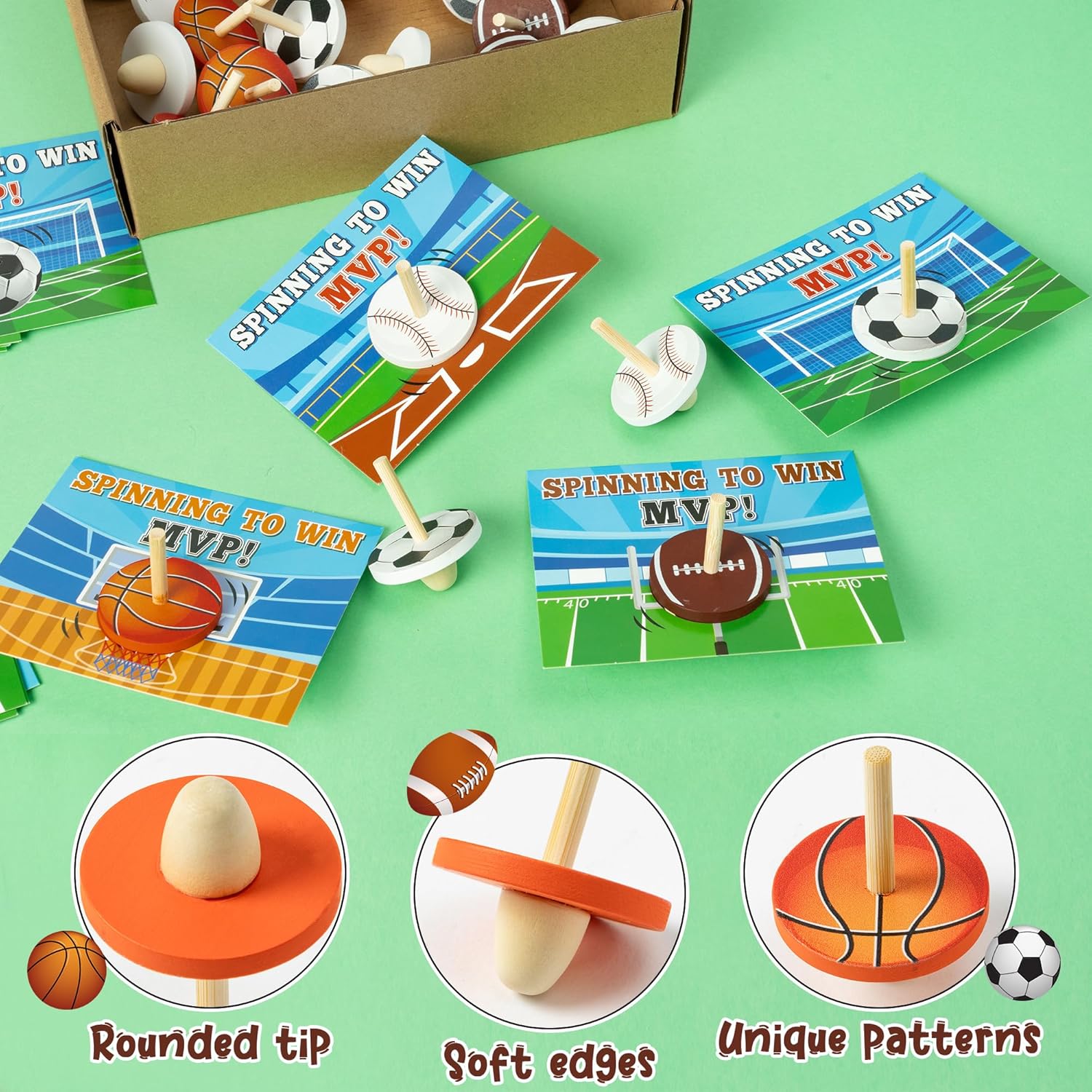 BeYumi Sports Ball Spinning Tops - 32Pcs Sports Ball Wooden Spinning Tops Set for Boys Goodie Bags Goody Bag Stuffers Classroom School Party Favors Return Gifts Present for Kids