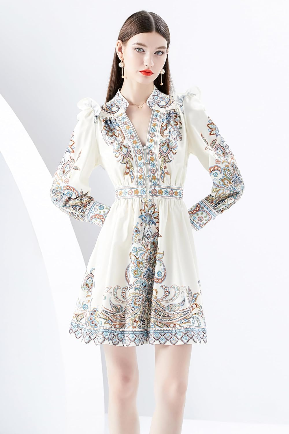 LAI MENG FIVE CATS Women's V-Neck Floral Print Lantern Sleeve Button up Shirt Dress Casual Mini Dress - Image 3