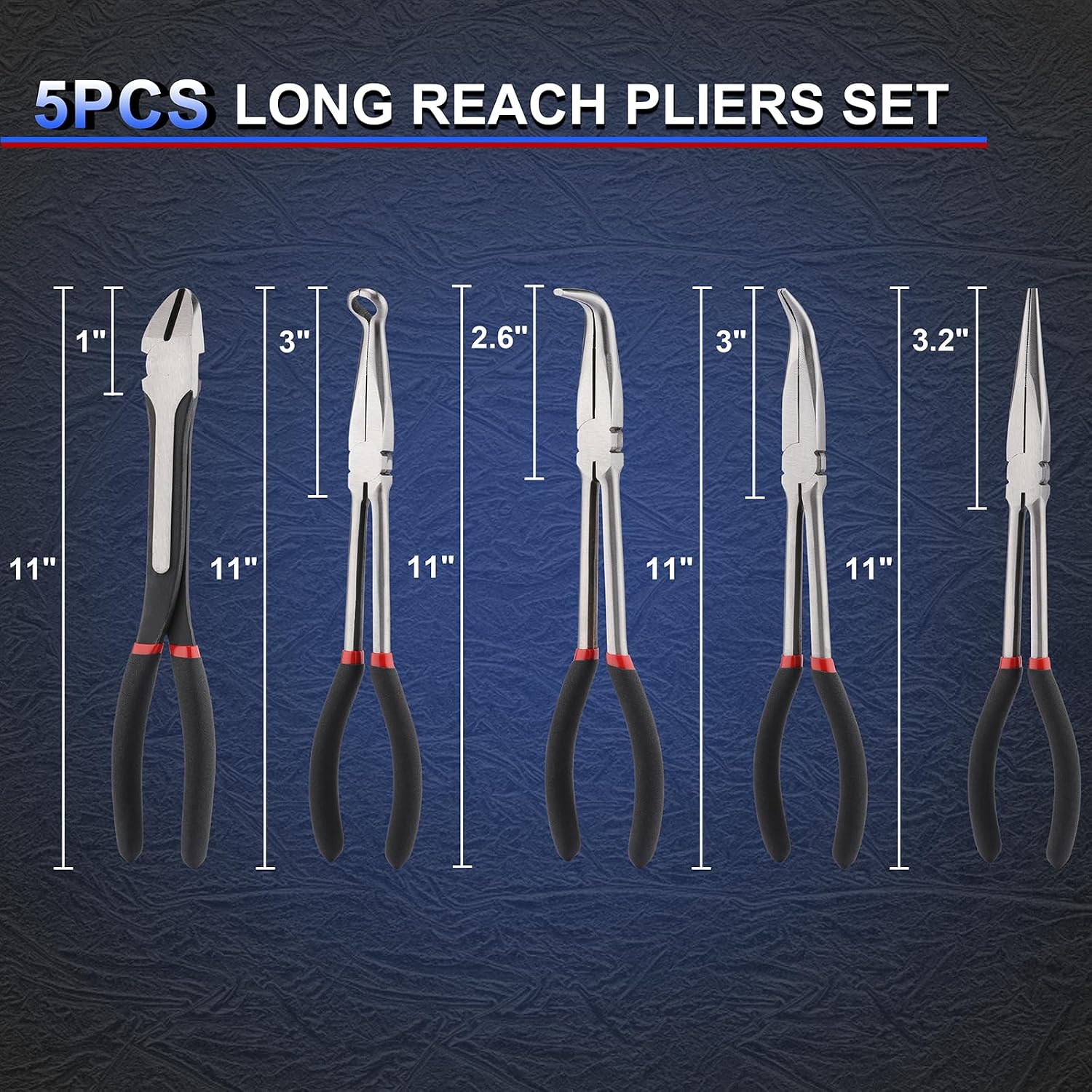 Mayouko 5PCS Extra Long Needle Nose Pliers Set, 11" Long Reach Straight, 45&90 Degree Bent Nose, Circle Nose and Diagonal Pliers for Narrow Spaces and Limited Areas