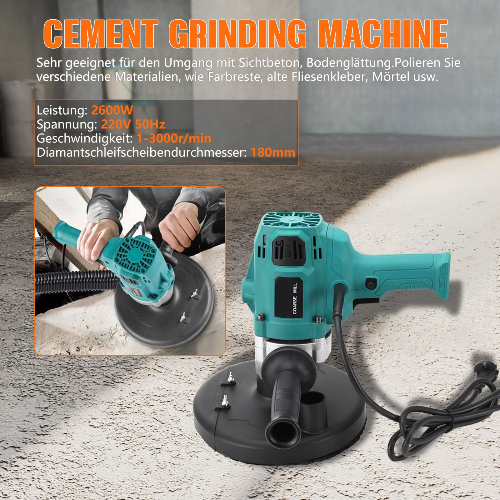 Zementschleifmaschine 2600W Schleifmaschine Set 3000r/min Betonschleifer Sanierungsfräse Betonfräse mit 180mm für Polieren von Zementwänden,Renovierung von alten Mauern,Polieren von Böden