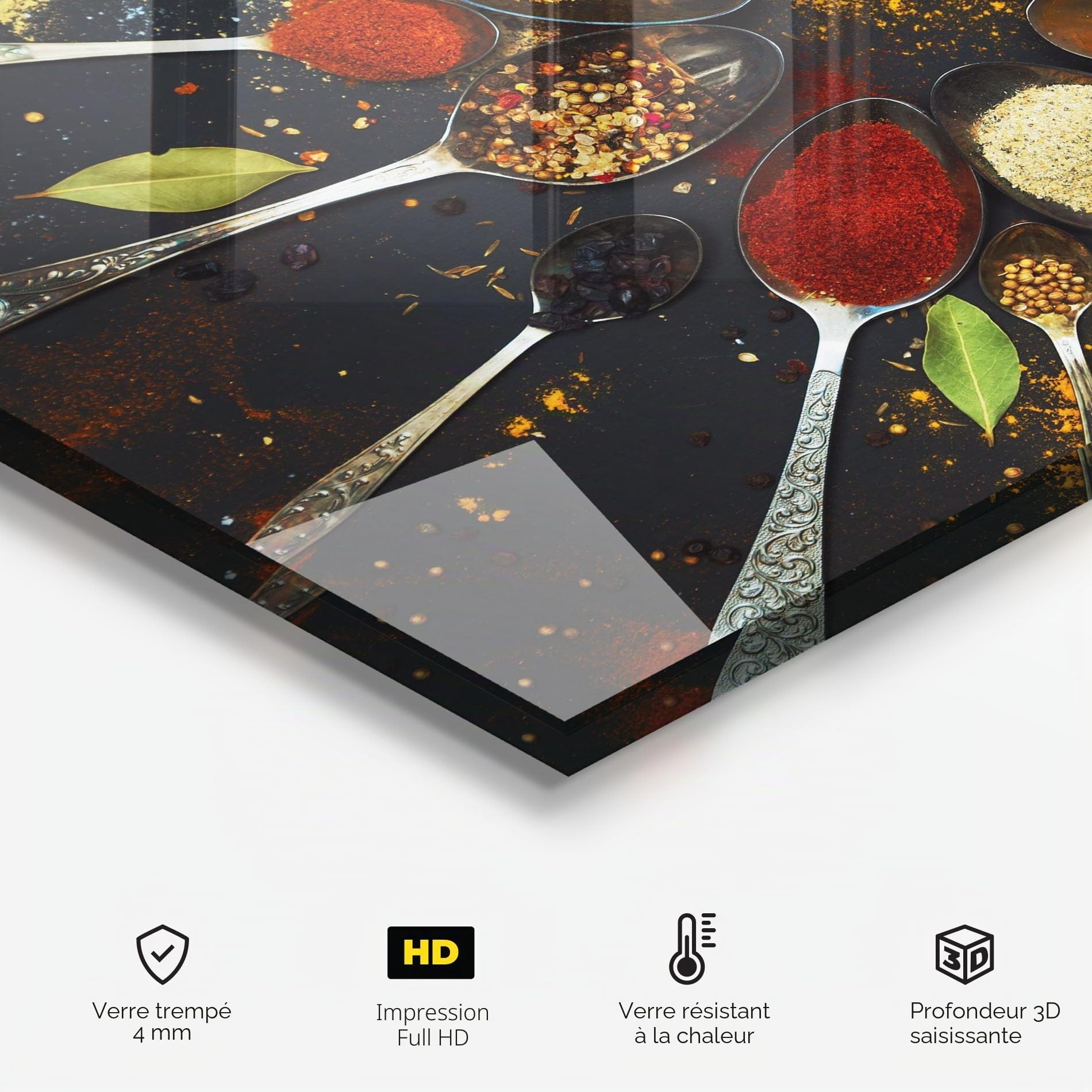 ARTHUB® Crédence de Cuisine en Verre 60x80 cm, Cooking Spoons | Protection Contre Les éclaboussures, Revêtement Mural en Carreaux, Plaque en Verre, Verre trempé, Aliments, Épices