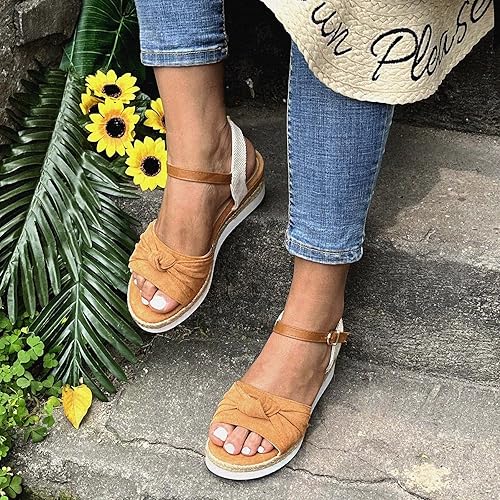 Miniatura 5 de Womenyiaor Sandalias de cuña para mujer, alpargatas para mujer, puntera abierta, correa al tobillo, sandalias de tacón de cuña, sandalias elegantes