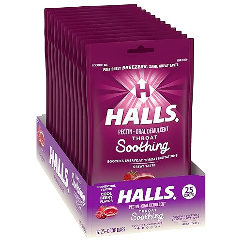 Miniatura 9 de HALLS Gotas calmantes para la garganta (anteriormente HALLS Breezers) Cool Berry Throat Drops, 12 bolsas de 25 gotas (300 gotas en total)