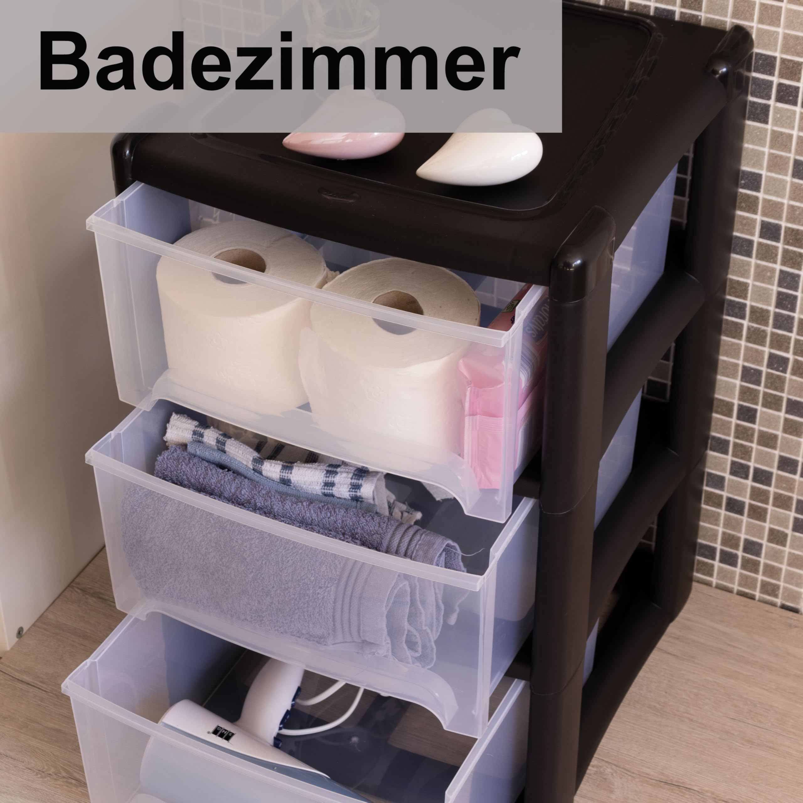 Schubladenbox 3 Schubladen 38x38x61cm schwarz-transparent Kunststoff Box