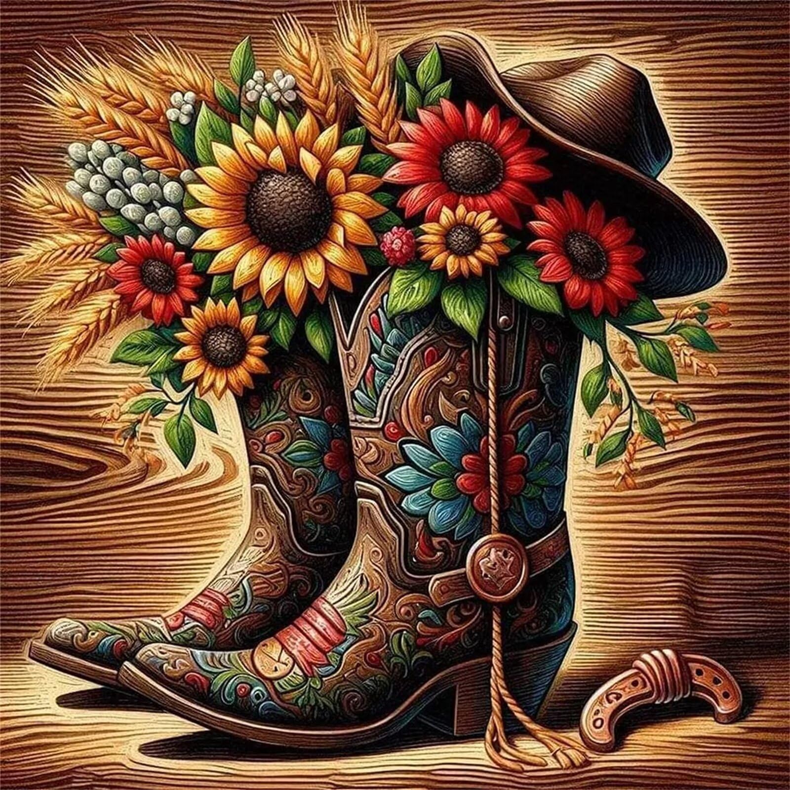 5D Cowboy Boots Floral Diamond Painting,DIY Round Diamond Art Kits for Adults Beginners,Full Drill Cowboy Diamond Art Painting Cross Stitch Embroidery Painting by Number for Home Wall Decor 50x50cm