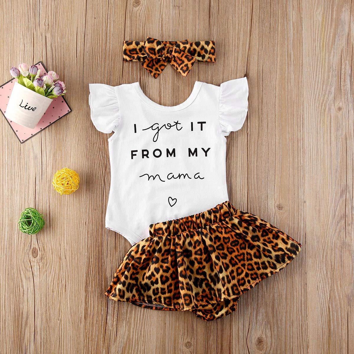 Newborn Baby Girls Clothes Mommy Saying Top Printed Romper Leopard Shorts Skirts+Headband Outfit Set (12-18 Months, A2-Ruffle Sleeve)