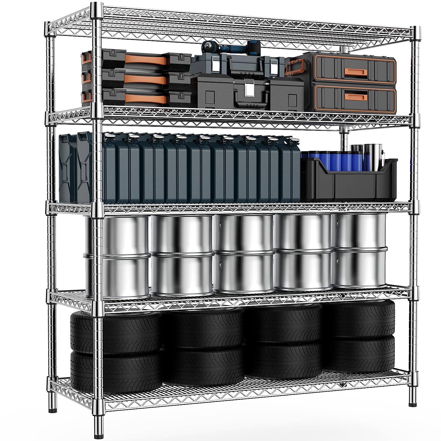 M MZG Height Adjustable Shelves,Heavy Duty Wire Pantry Shelving for Tool Sheds, Garage, and Storehouse,Metal,Chrome 5 tier,45 x 150 x 178.7cm
