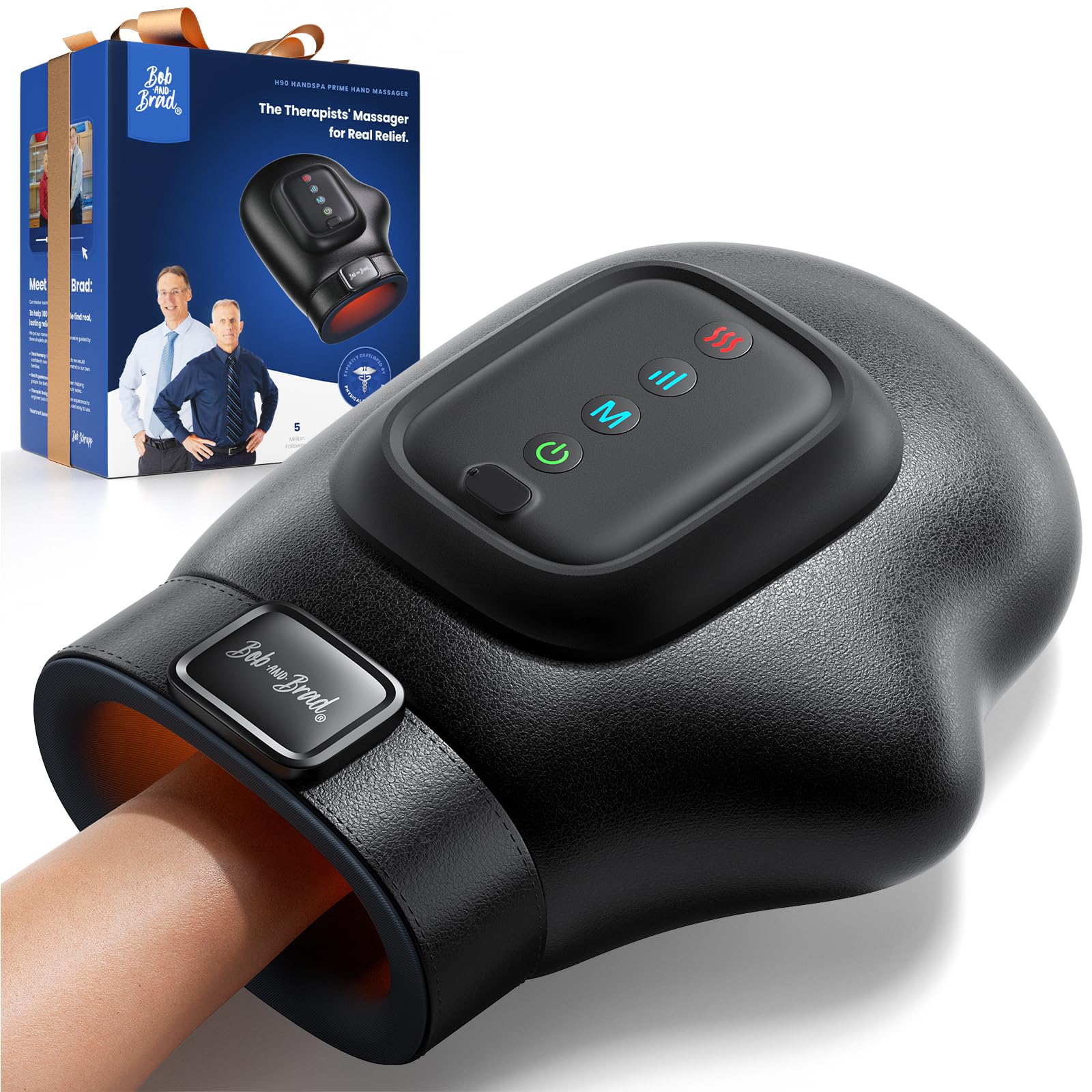 BOB AND BRAD Massaggiatore mani, Dispositivo di massaggio per dita elettrico, Compressione Termica Relax, 3 Modalità e 5 Intensità Senza Fili Nero, Regalo Uomo Donna