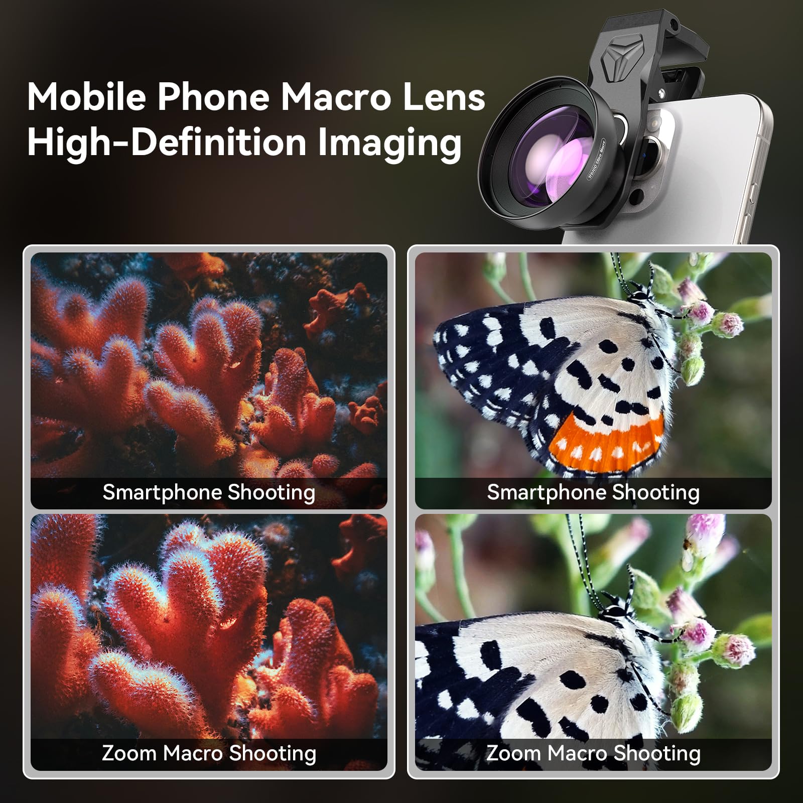 HB100 Ultra obiektyw makro z 45 trybami rozjaśniania, przysłona F1.05 – obiektyw makro HD z uniwersalnym klipsem – obiektyw do telefonu komórkowego do iPhone'a, Samsunga i Pixel, smartfonów z systemem