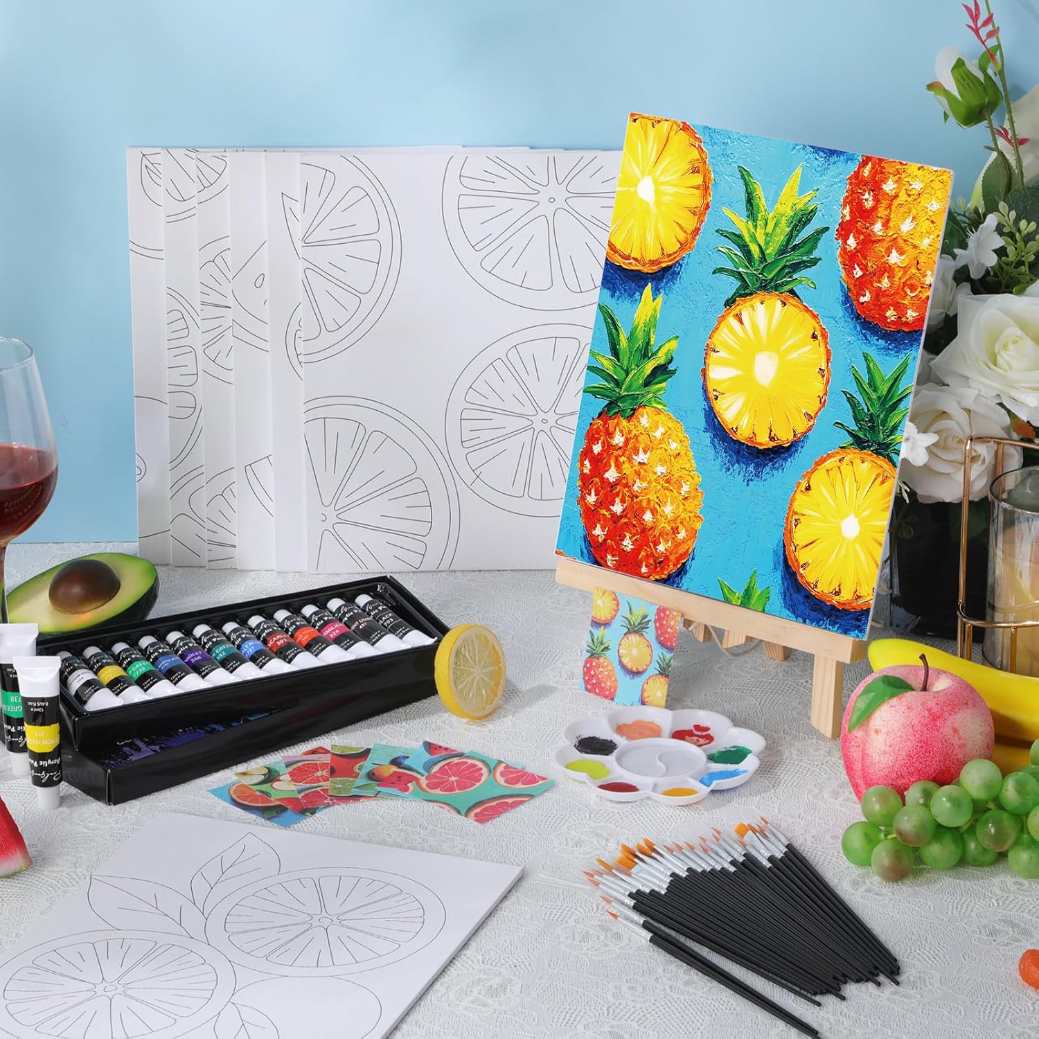 Cholemy 36 Pcs Paint and Sip Kit for Adults 8''x10'' Pre Drawn Canvas for Painting DIY Afro Acrylic Painting Kit Wood Easel Brushes Date Night Bulk for Mother's Day Party Gifts(Colorful Fruits)