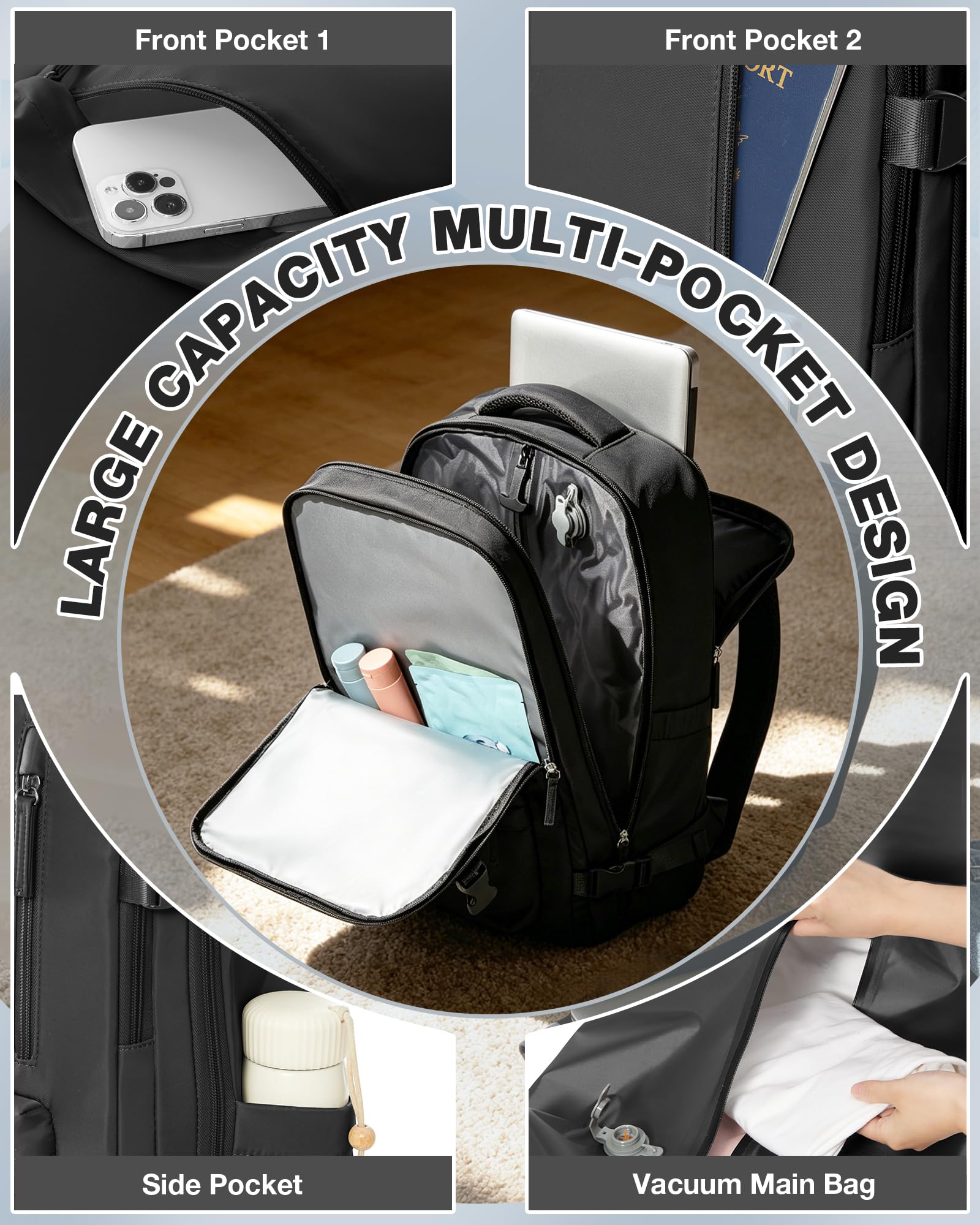 SZSYCN Zaino Sottovuoto Viaggio con Pompa Bagaglio a Mano Ryanair 40x30x20 | Borsa da Viaggio 47x31x22 Ryanair con Sottovuoto Borsa Antifurto Impermeabile Zaino Sottovuoto per Laptop da 16 Pollici