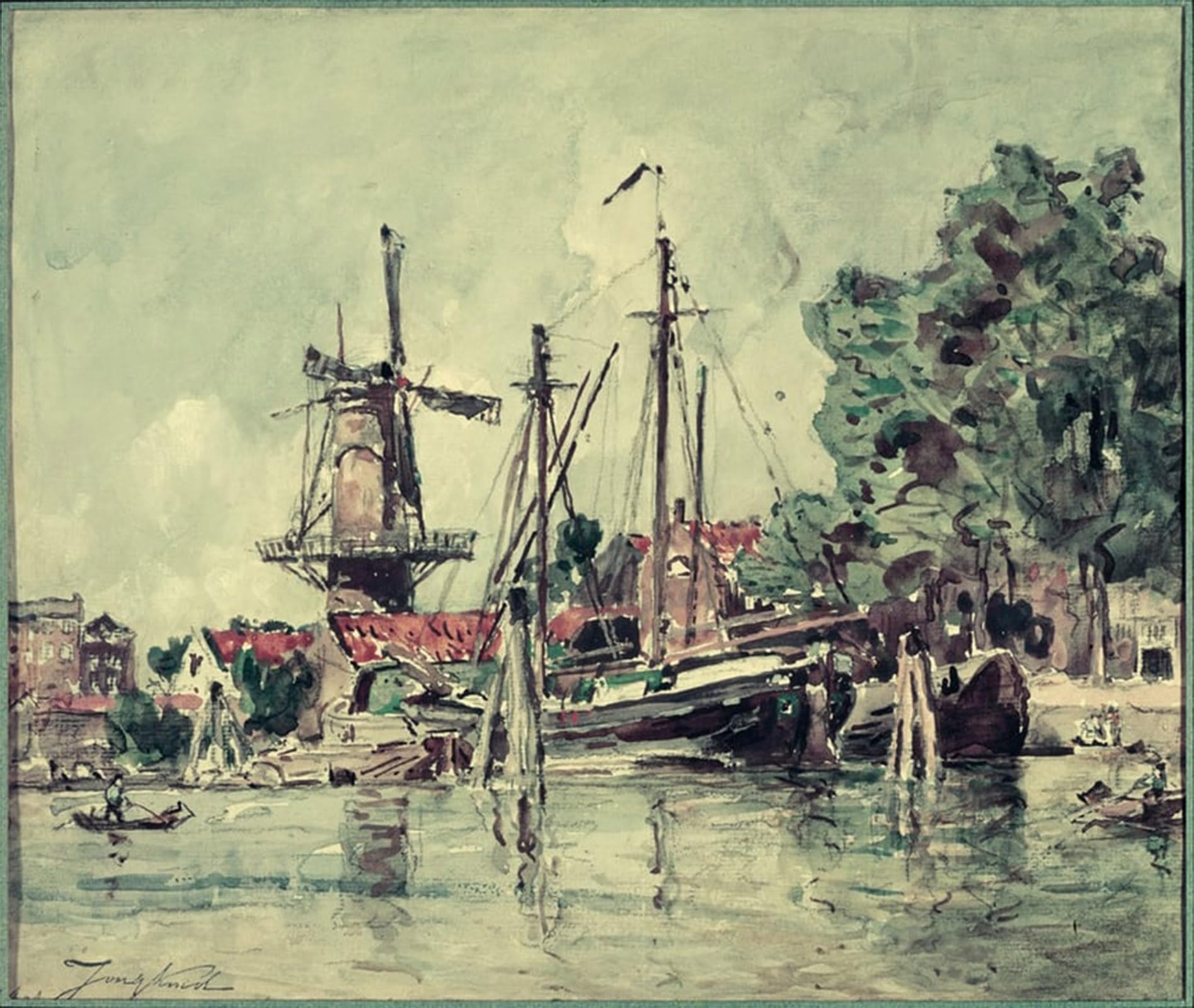 ARTXLXXBN Famous Art Print Poster Vintage Wall Art in the Boats Near the Mill by Johan Barthold Jongkind Canvas Art Poster for Home Decor 60x90cm