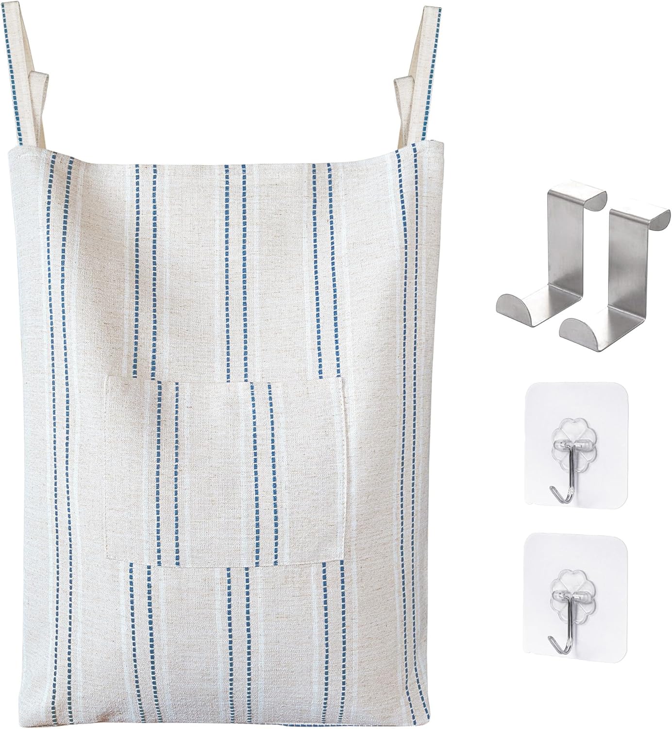 AELS Farmhouse Hanging Laundry Hamper with 2 Hooks, Boho Beige & Blue Stripes Laundry Bag with Zipper & Wide Open Top, Over the Door Organizer for Dirty Clothes, Washable Space Saving Storage