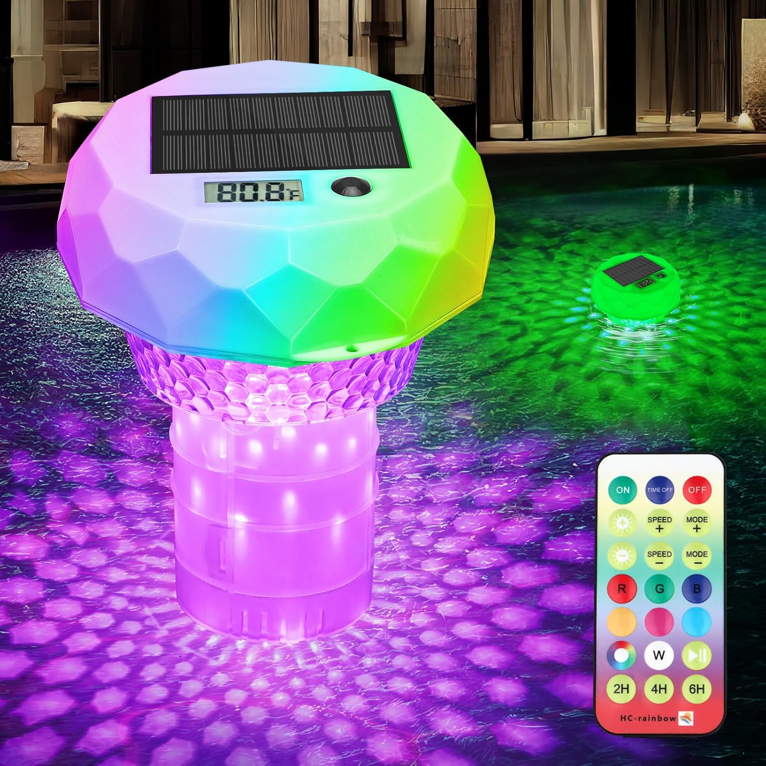 Solar Pool Chlorine Floater, Pool Light that Float With Thermometer, Remote, 8 Lighting, Timing Mode, IP68 Waterproof, Floating Chlorine Tablet Dispenser for Pool, Spa Bathtub, Hot Tub, Pond Decor