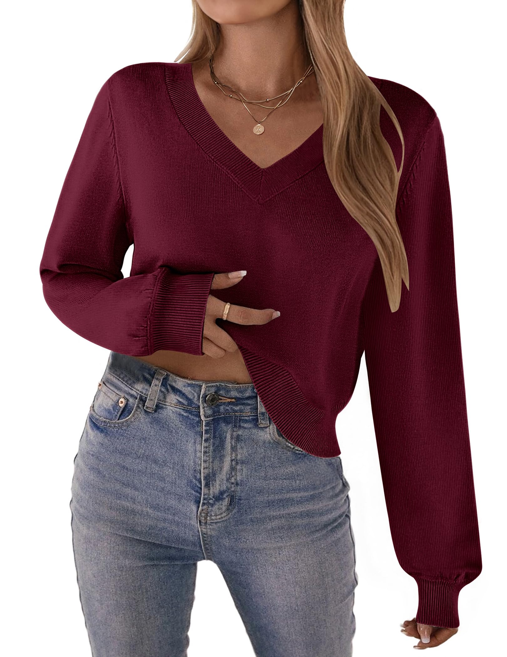 Zeagoo Womens 2025 Fall V-Neck Cropped Sweater Trendy Long Latern Sleeve Ribbed Knit Pullover Crop Tops