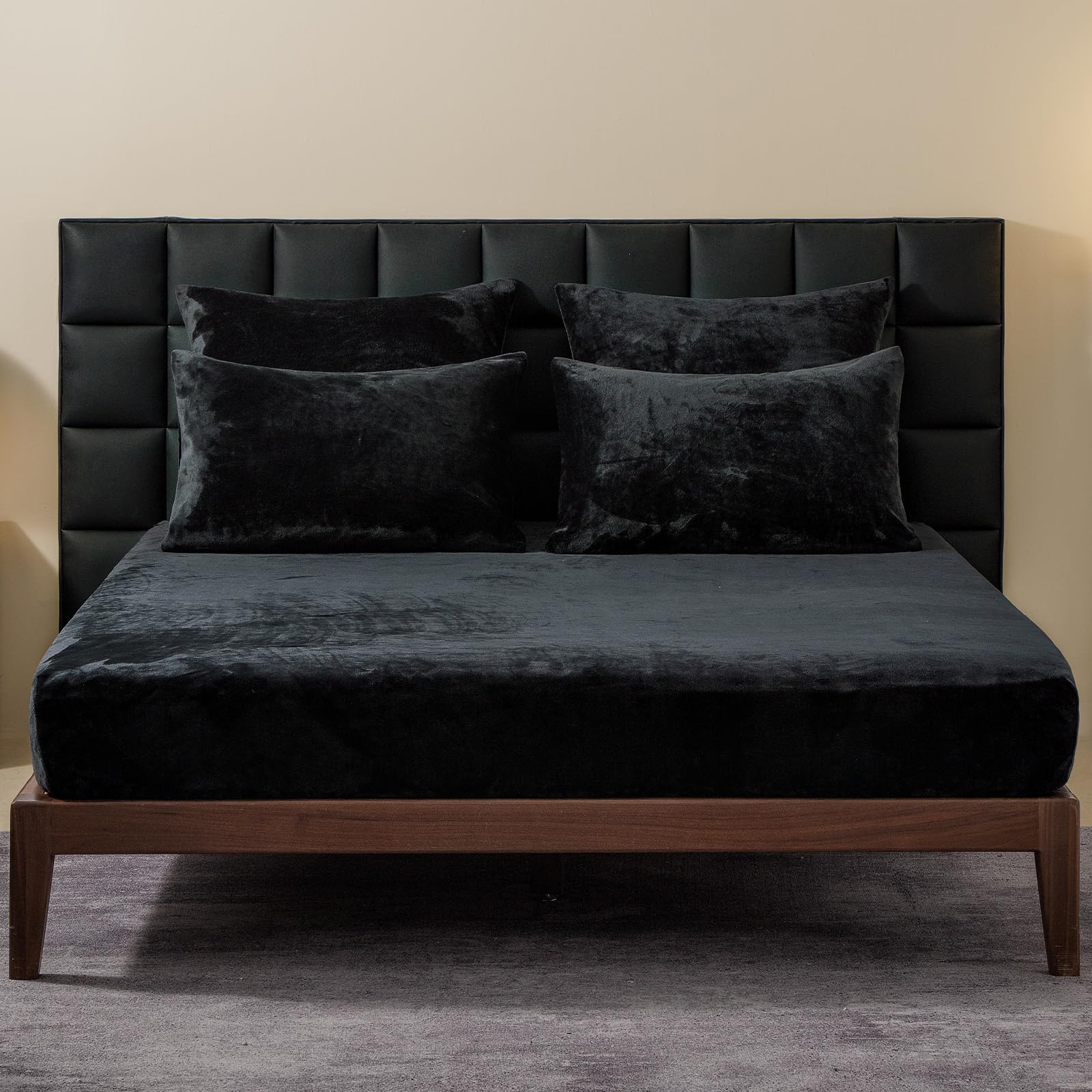 WARMDERN Velvet Fitted Sheet and Pillowcase Set 5 Pieces, Black, Queen