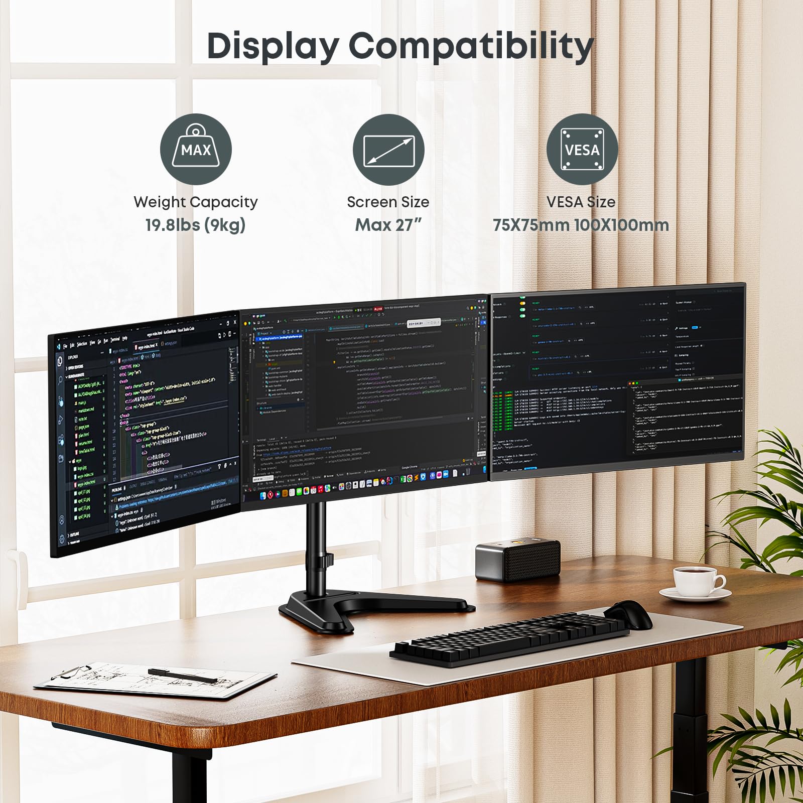 Soporte Triple para Monitor, Soporte de Escritorio Totalmente Ajustable para 3 Pantallas de hasta 27 Pulgadas, Base Ponderada y Gestión de Cables, Capacidad de 22 lbs por Brazo, Negro