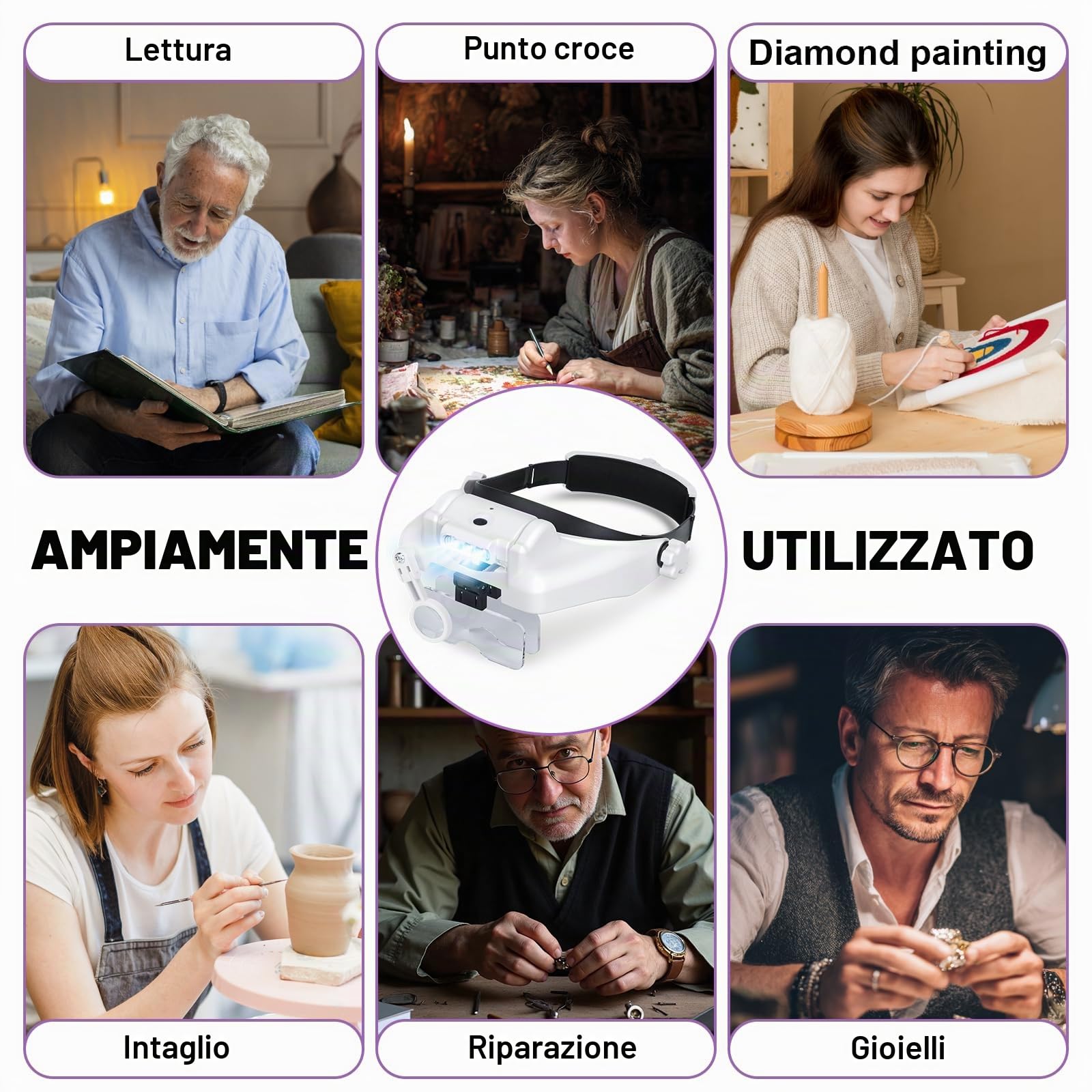 Lente ingrandimento con Luce, Occhiali Ingrandimento con Luce 3 LED USB Charge 5 Lenti Intercambiabili 1.0X 1.5X 2.0X 2.5X 3.5X per Modellismo, Riparazione Orologi, Ricamo,Piccoli Lavori di Miniatura