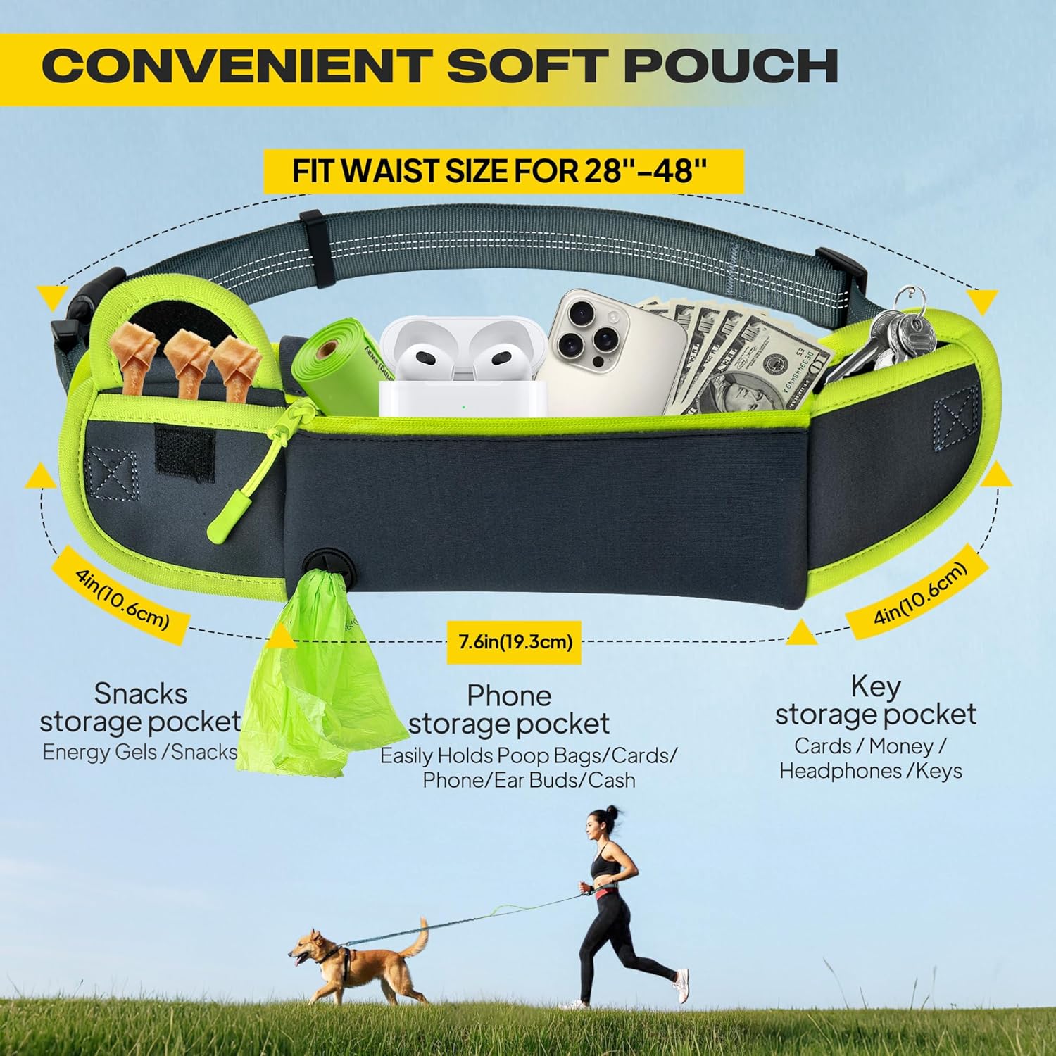 Fida 3-in-1 Hands Free Dog Leash with Zipper Pouch & Bungee, Reflective Crossbody Waist Running Leash for Dogs with Traffic Handle for Safe Walking, Jogging